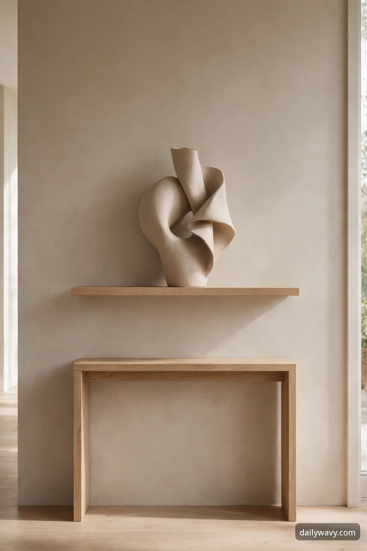 Single sculptural ceramic object standing alone on a floating shelf