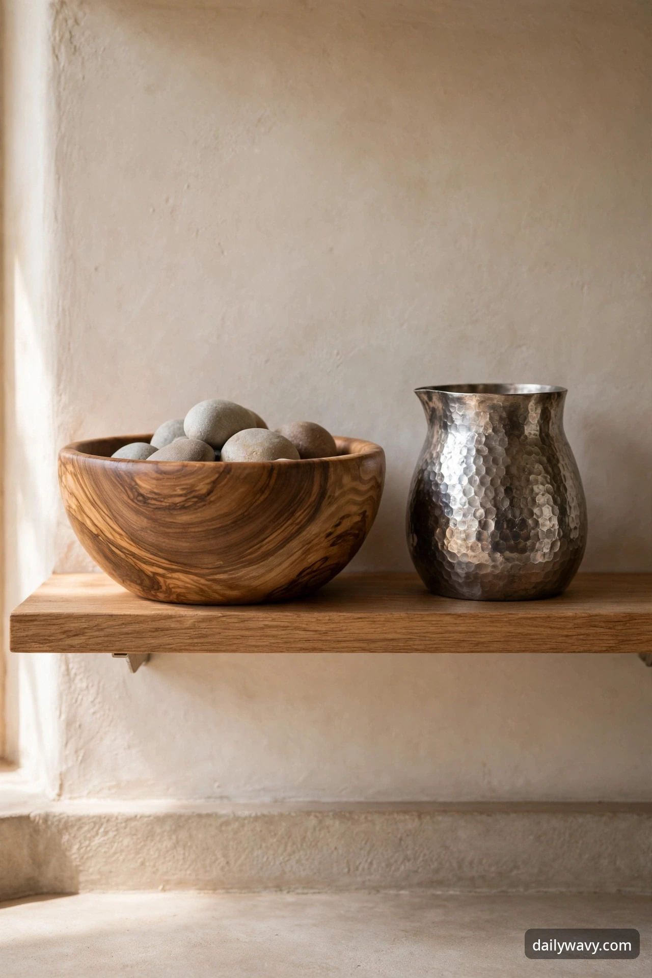 Wooden bowl paired with a textured hammered vessel on a kitchen floating shelf