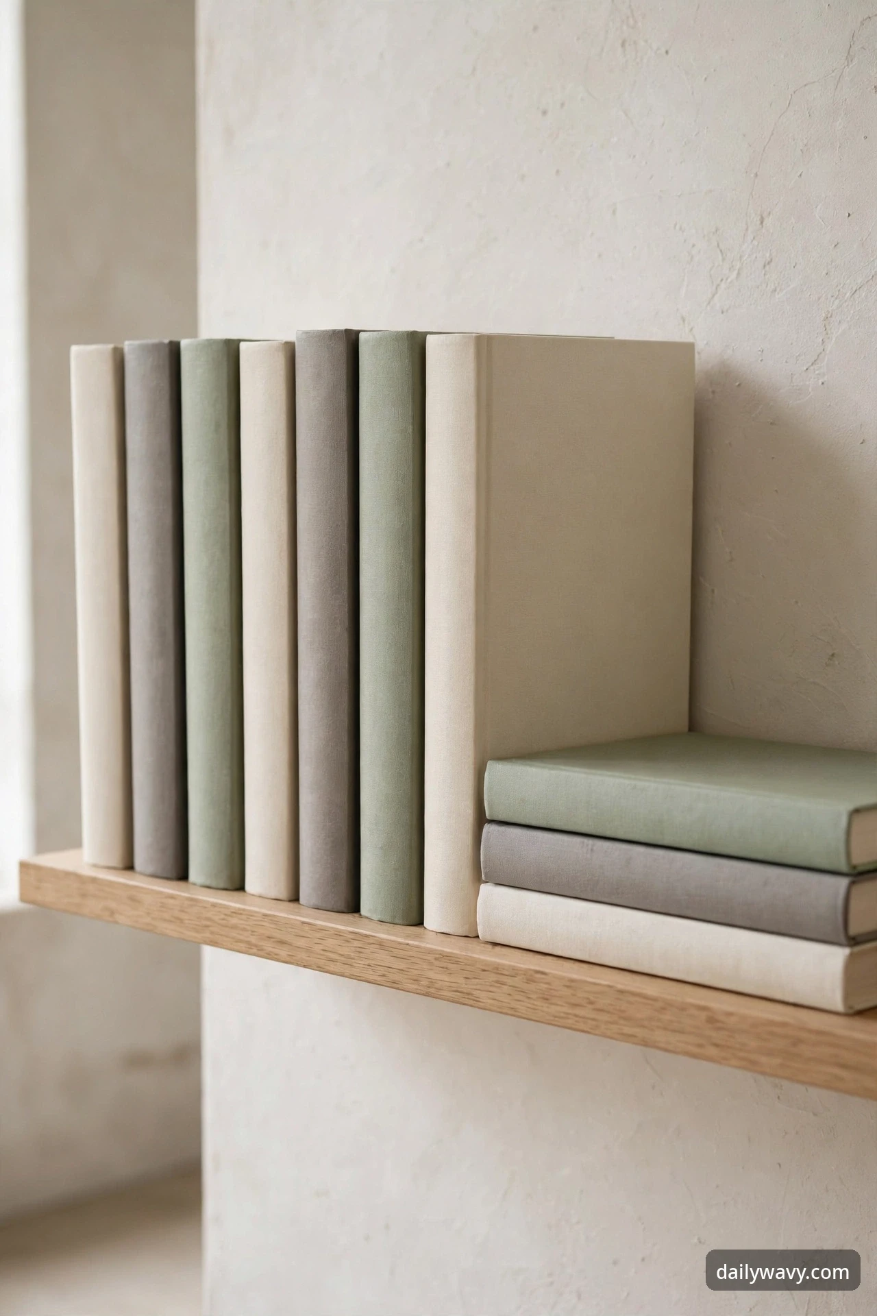 Color-grouped books in muted tones styled on a floating shelf