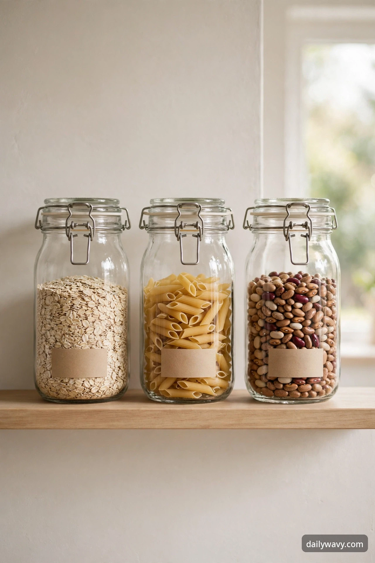 Matching glass storage jars lined up on a kitchen floating shelf