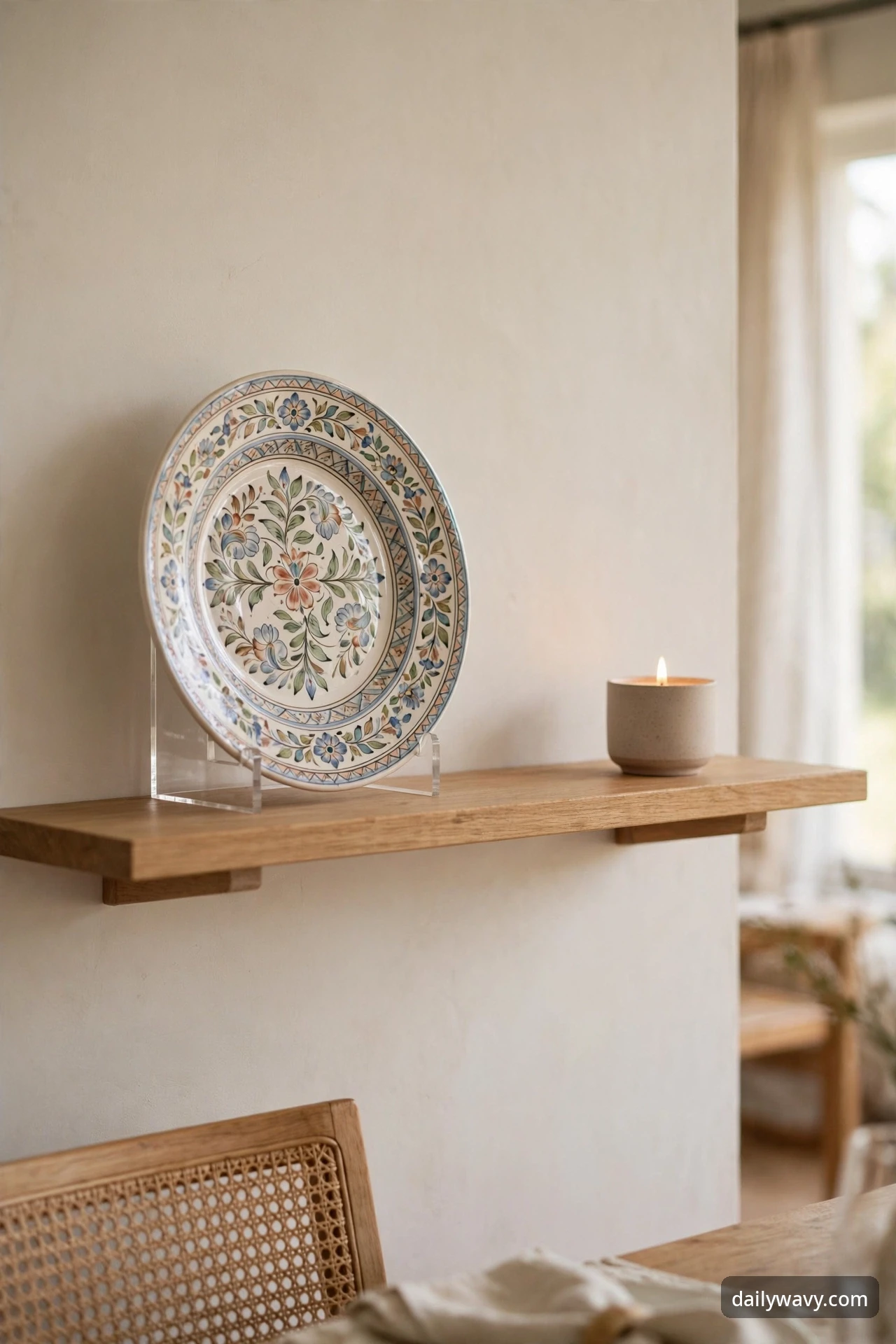 Decorative plate displayed upright on a stand on a floating shelf