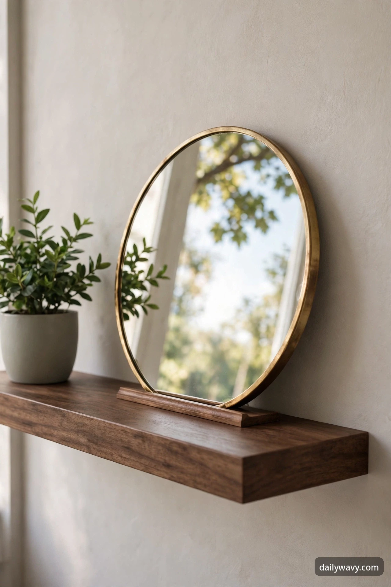 Small round mirror leaning on a deep floating shelf