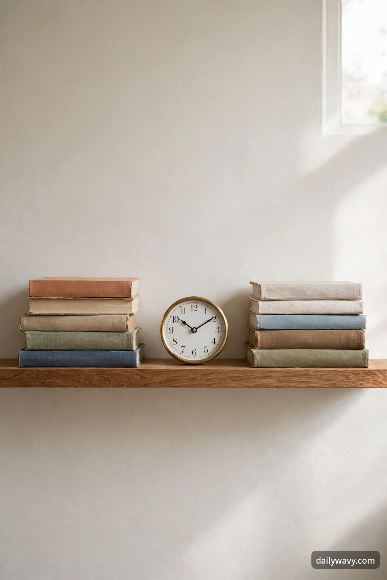 Small clock centered between two stacks of books on a floating shelf