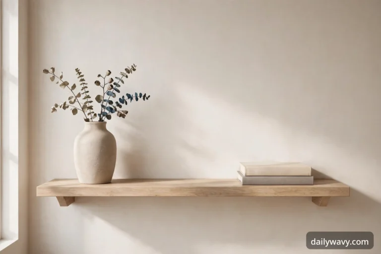 Styled floating shelf with a tall ceramic vase and a short stack of books in a warm neutral room