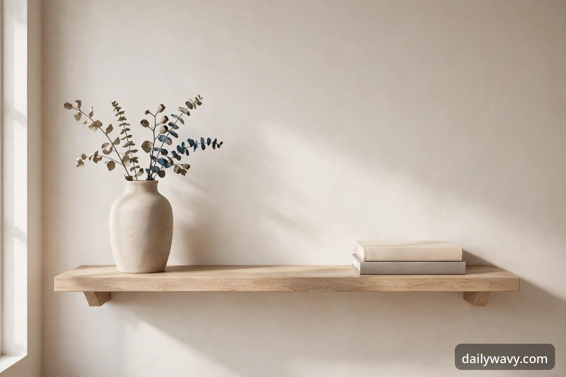 Styled floating shelf with a tall ceramic vase and a short stack of books in a warm neutral room