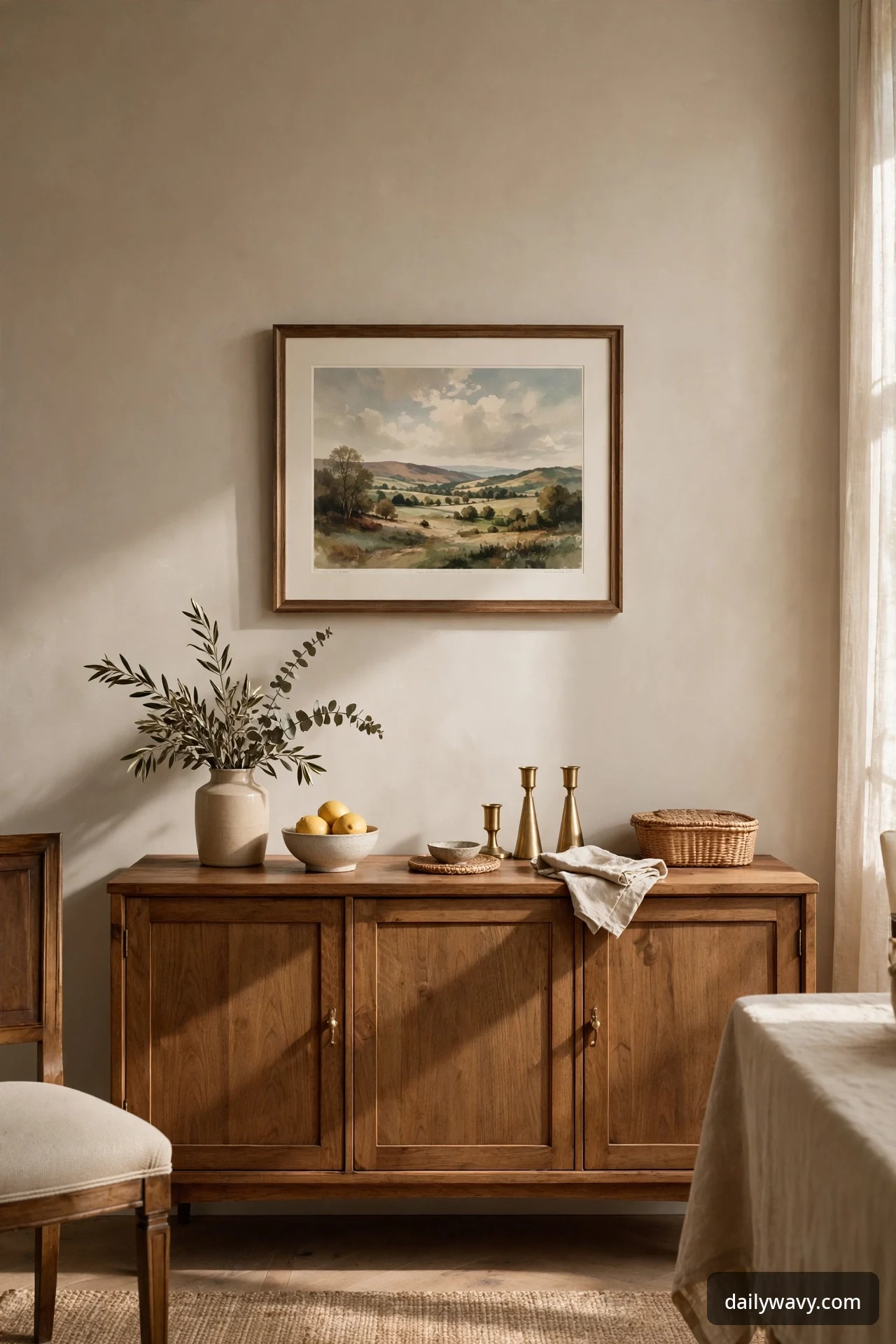 Framed landscape artwork hung at eye level above a sideboard in a formal dining room