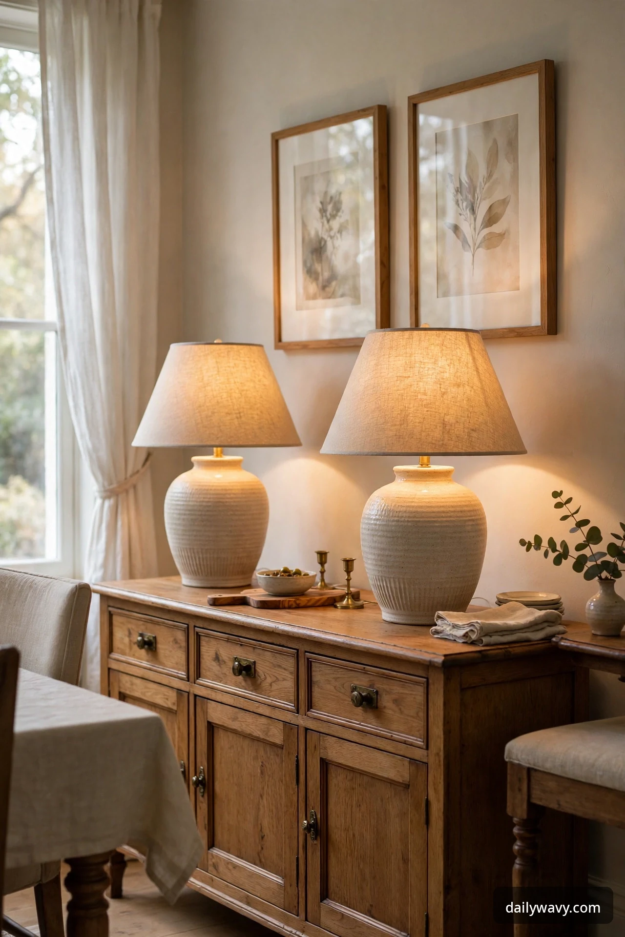 A pair of matching table lamps glowing on a sideboard in a formal dining room