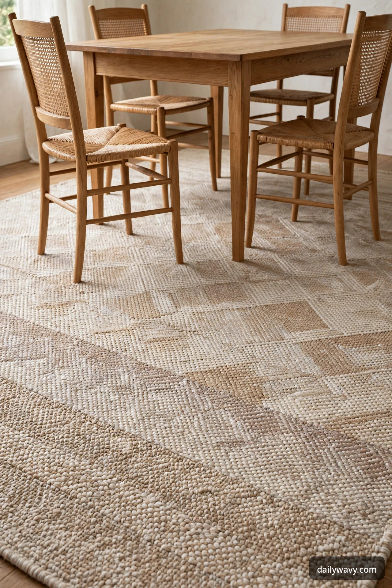 A washable low-pile rug under a wooden dining table with four cane chairs tucked around it