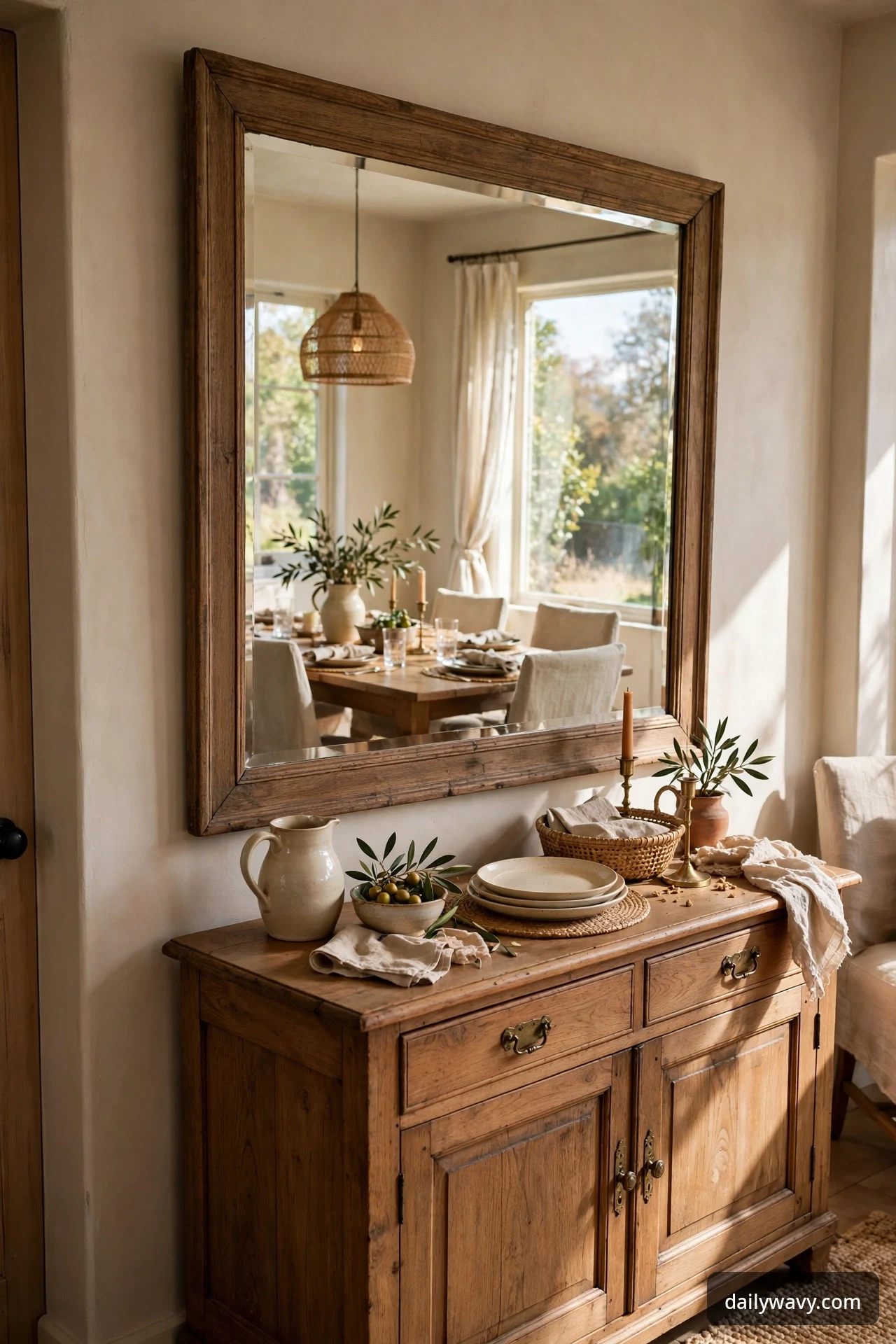 A large mirror reflecting window light in a formal dining room
