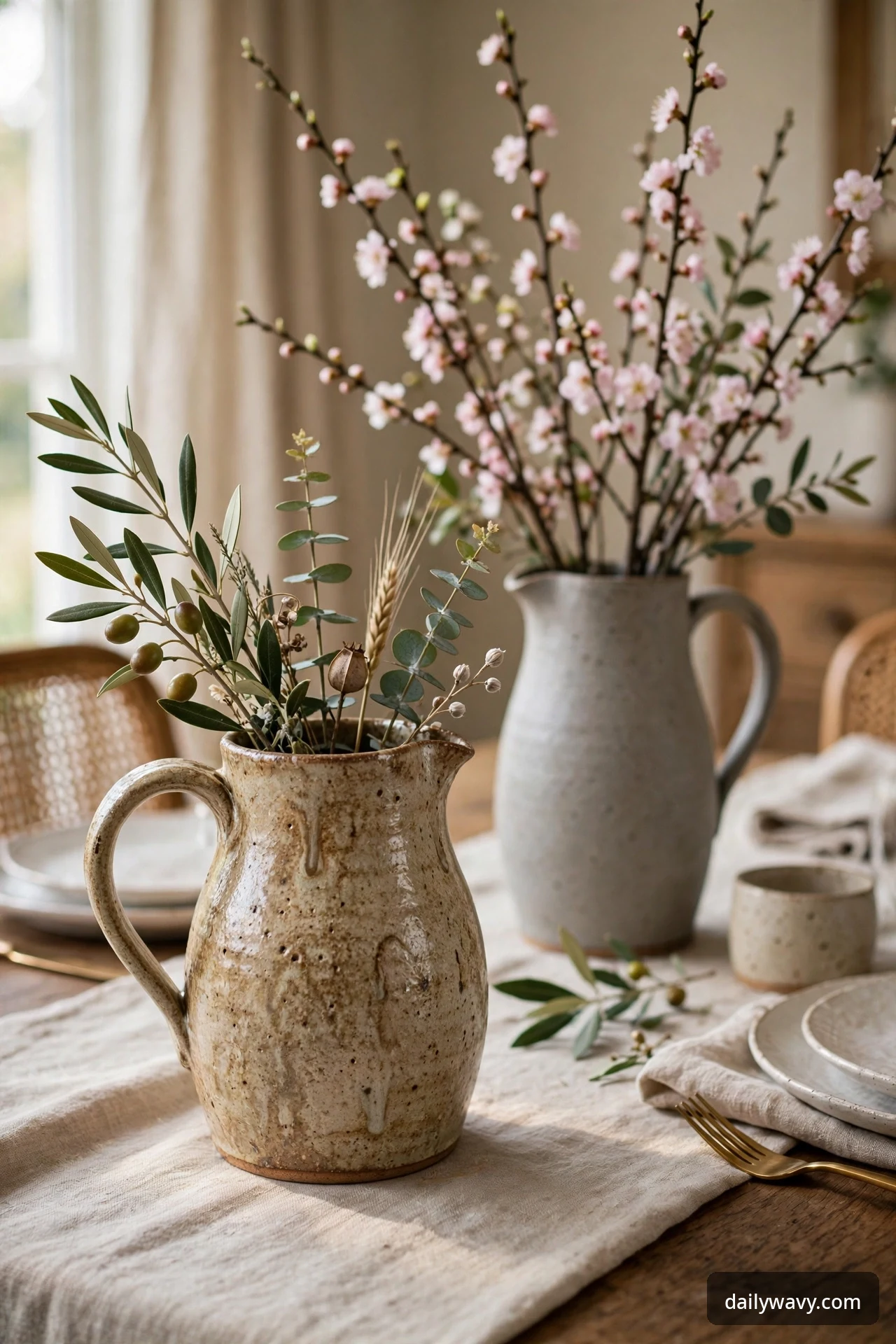 Two ceramic pitchers holding seasonal stems on a dining table