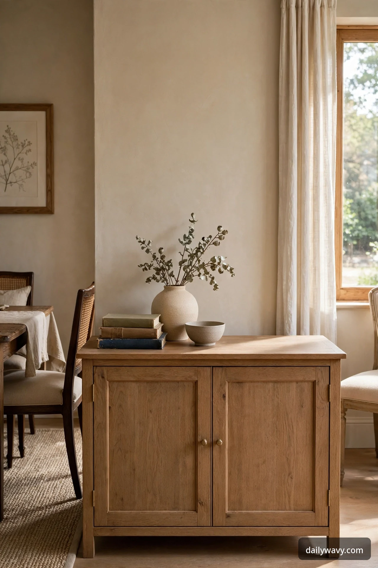 An asymmetrical decor arrangement on a storage sideboard in a dining room