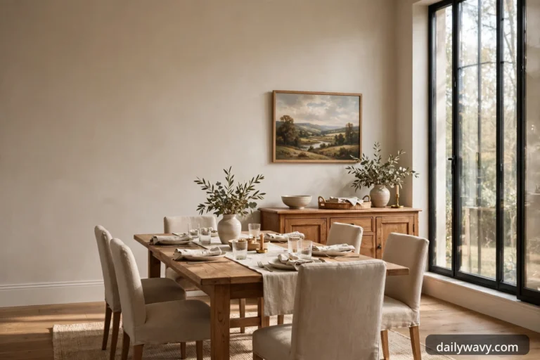 Wide view of a formal dining room with a wooden table set for dinner, a framed landscape above a wooden sideboard, and tall windows