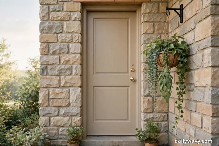 A taupe paneled front door set in a pale stone wall is flanked by small potted plants at its base on both sides, with a woven hanging basket of trailing ivy and greenery suspended from a black metal wall bracket at the right