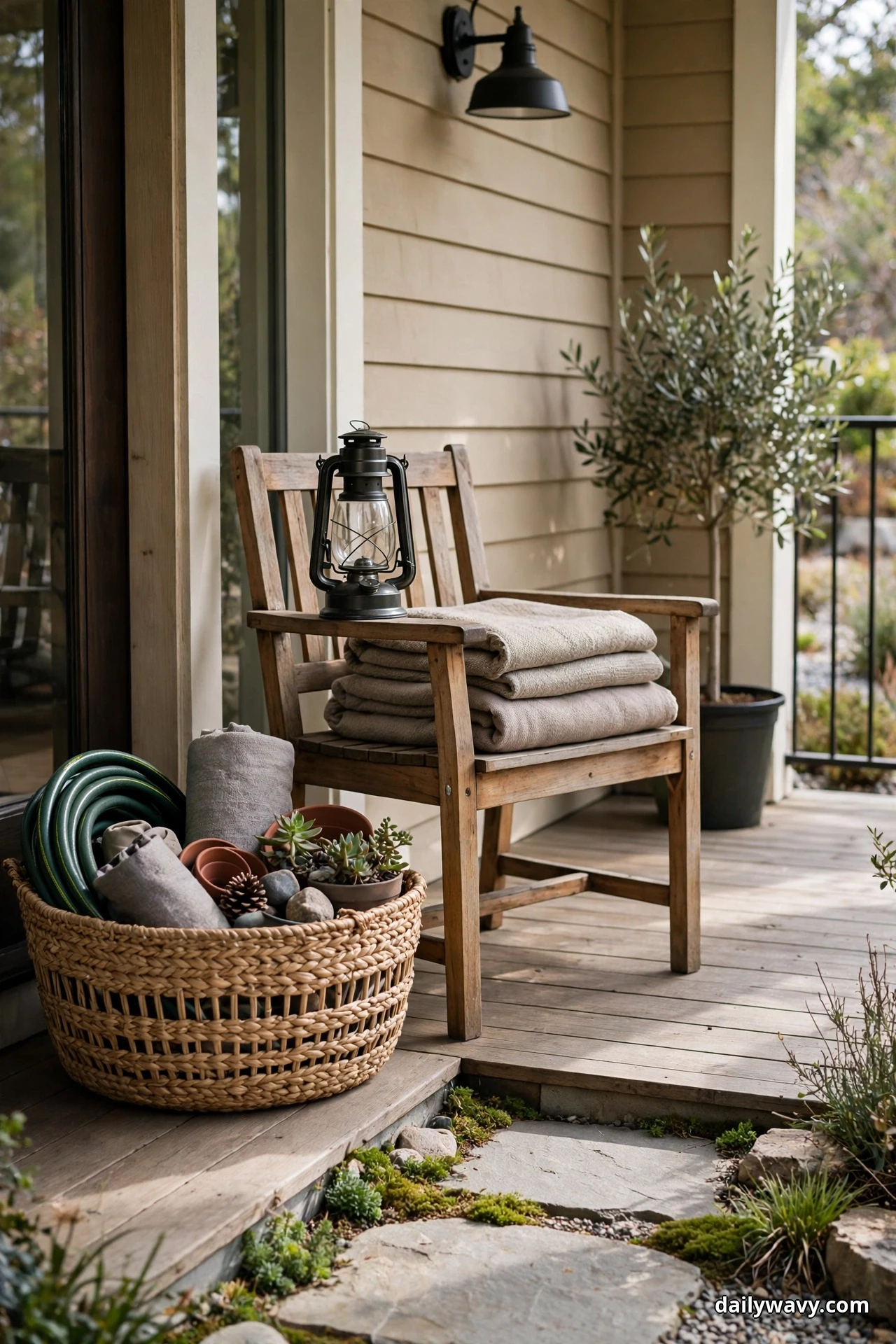 A large open-weave basket on a porch step holds a coiled green garden hose, rolled cloths, small terracotta pots and succulents, in front of a weathered wood armchair with folded beige blankets stacked on its seat and a black hurricane lantern resting on its arm