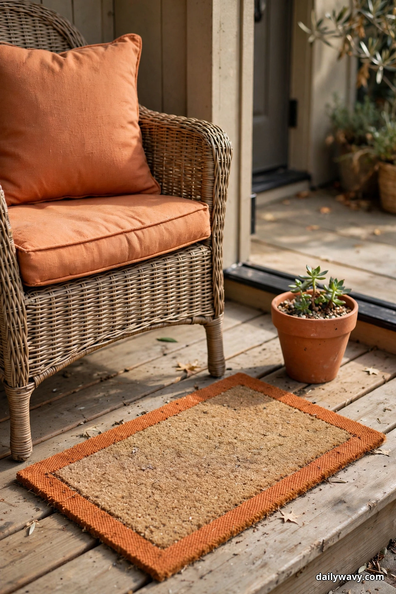 A wicker porch chair with a terracotta seat cushion and a matching pillow sits beside a coir doormat with a terracotta woven border and a terracotta pot of small succulents on a weathered wood deck
