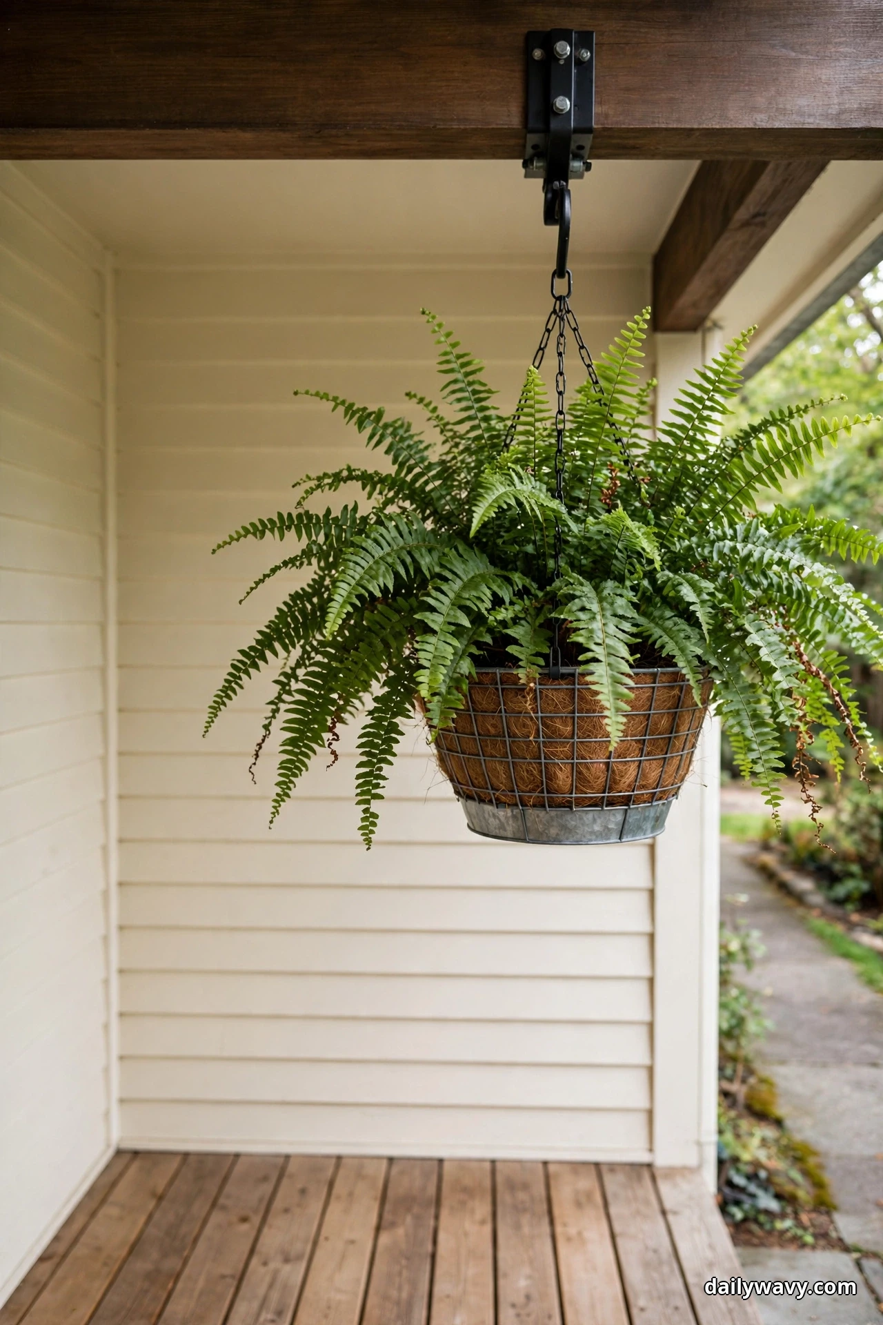 A lush green fern in a wire hanging basket with a coir liner hangs from chains on a black bolted bracket under a dark wood porch beam, above an empty wood deck and cream siding