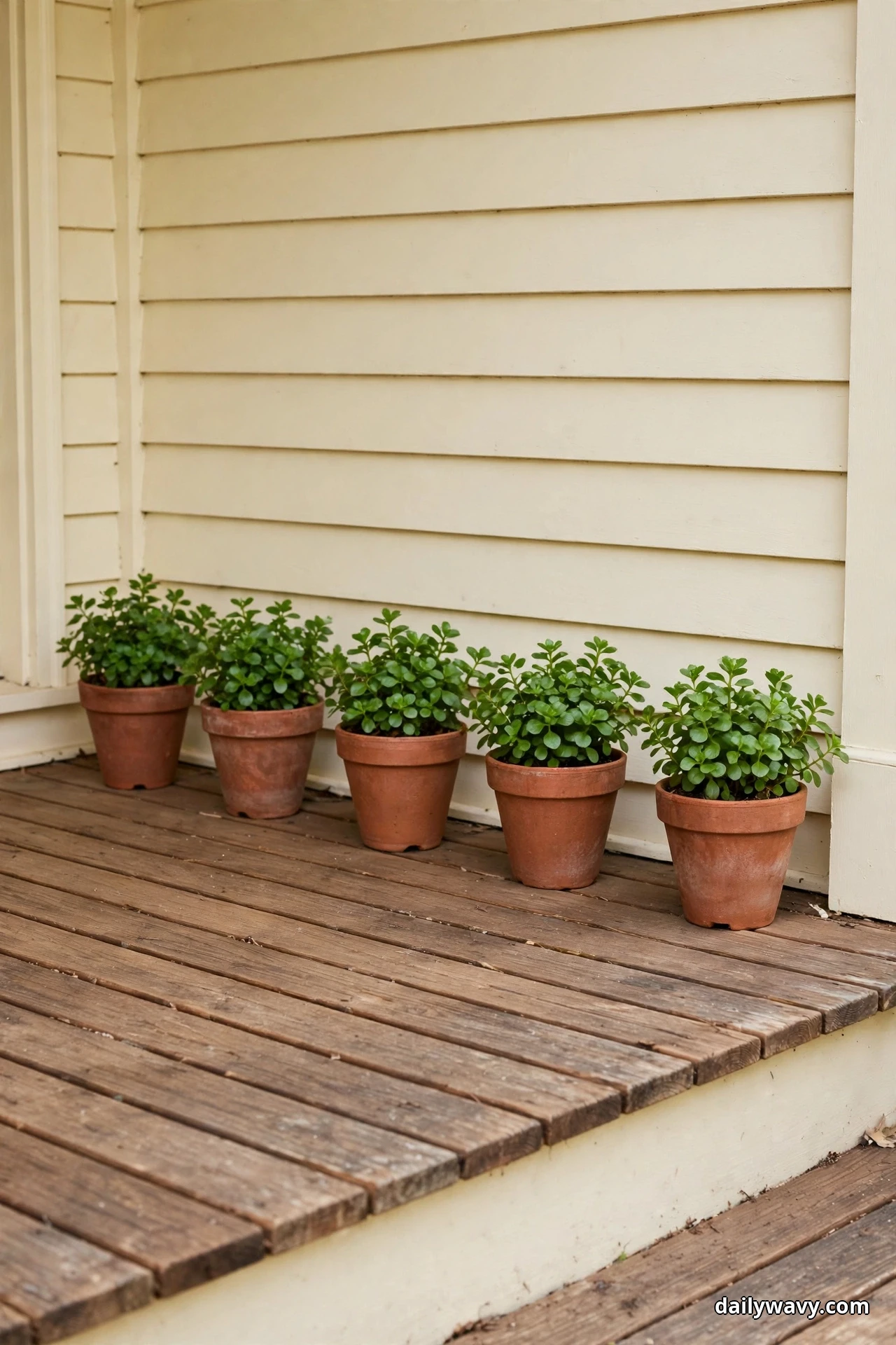 Five matching terracotta pots with bushy green plants stand in an even row along the cream siding wall of a wood porch deck