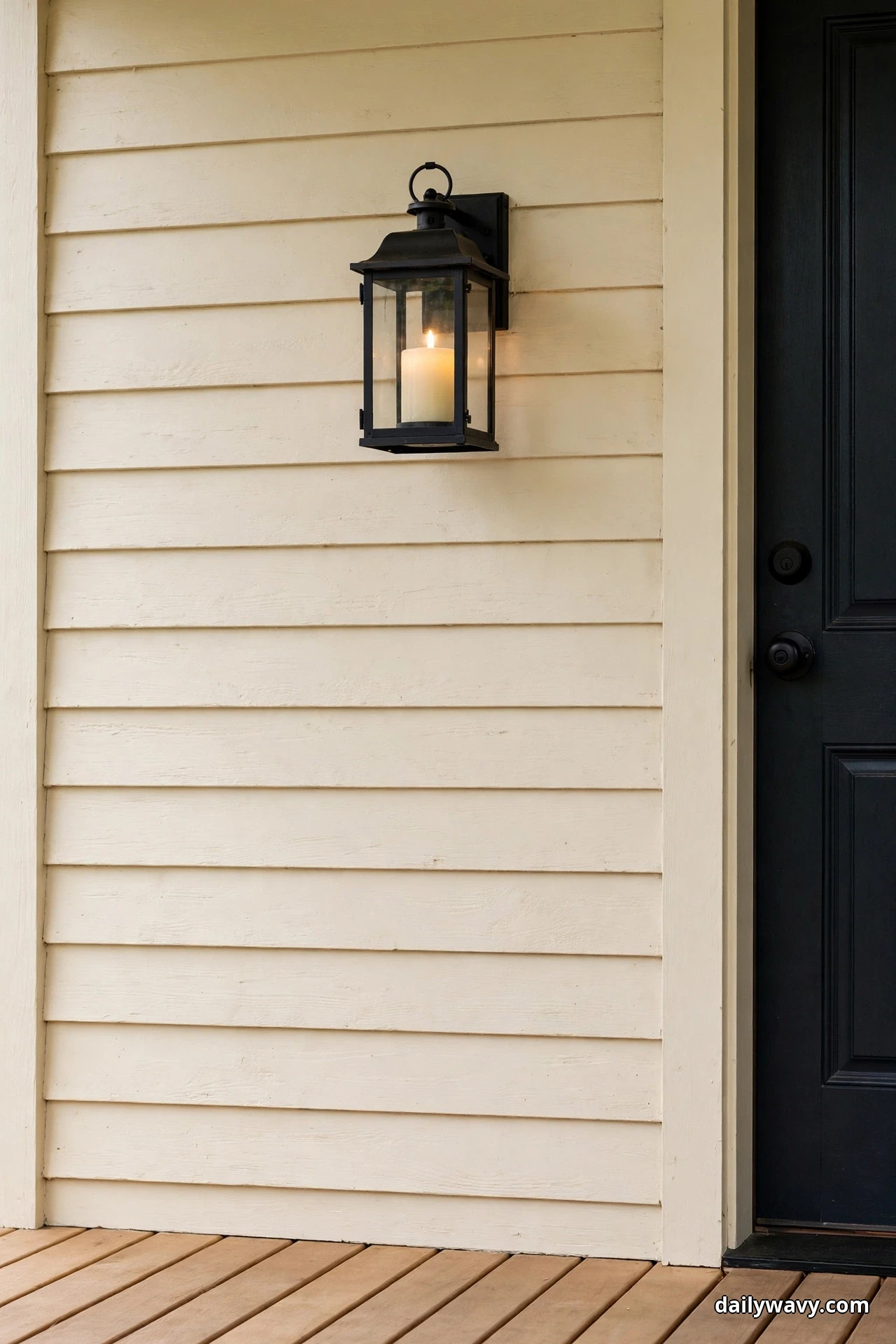 A black metal wall lantern with a lit cream candle inside hangs on cream shiplap siding beside a black front door, above an empty wood porch floor