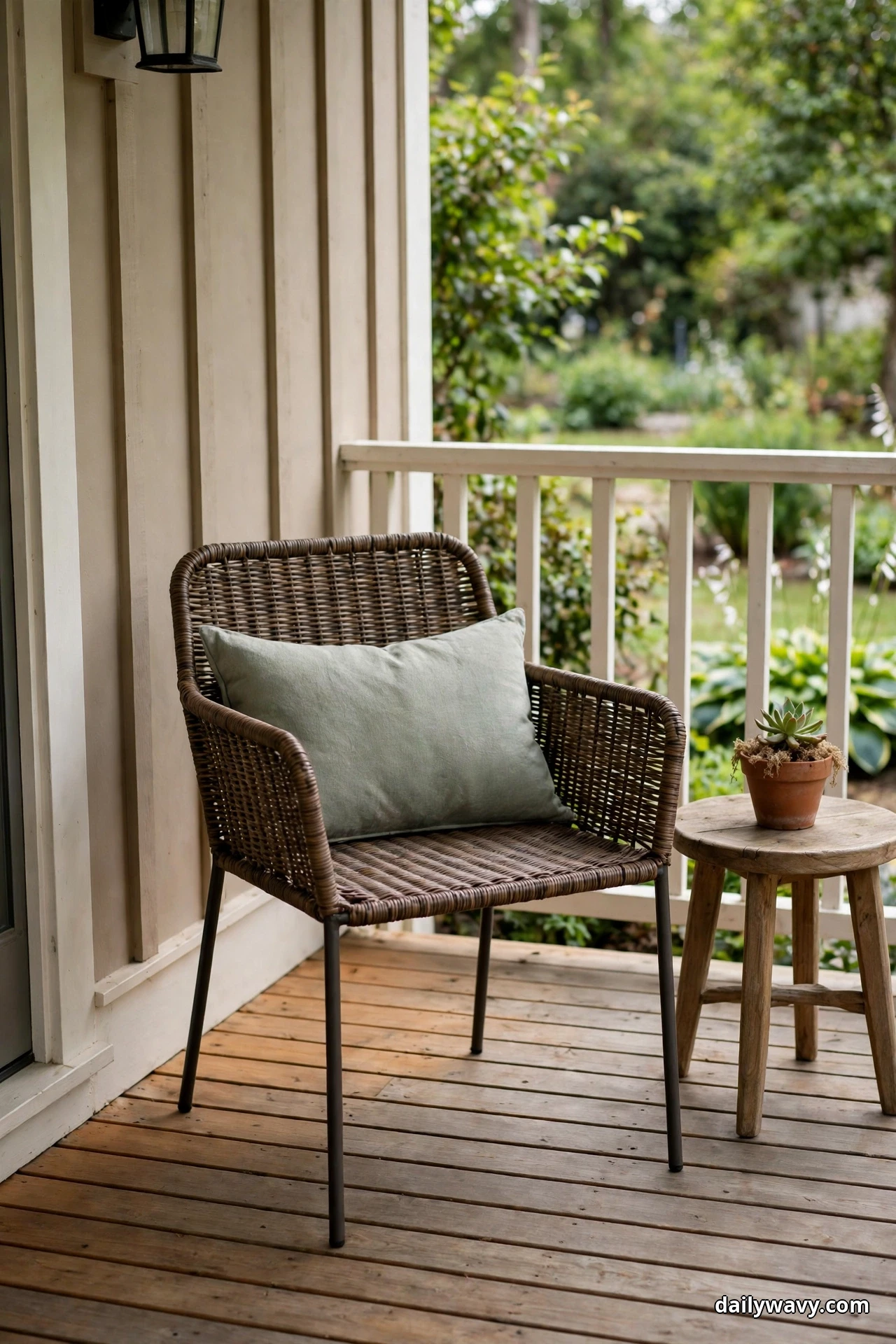 A dark woven wicker armchair with a sage green pillow angles toward a leafy garden from a wood porch, beside a small round wood stool holding a terracotta pot with a succulent