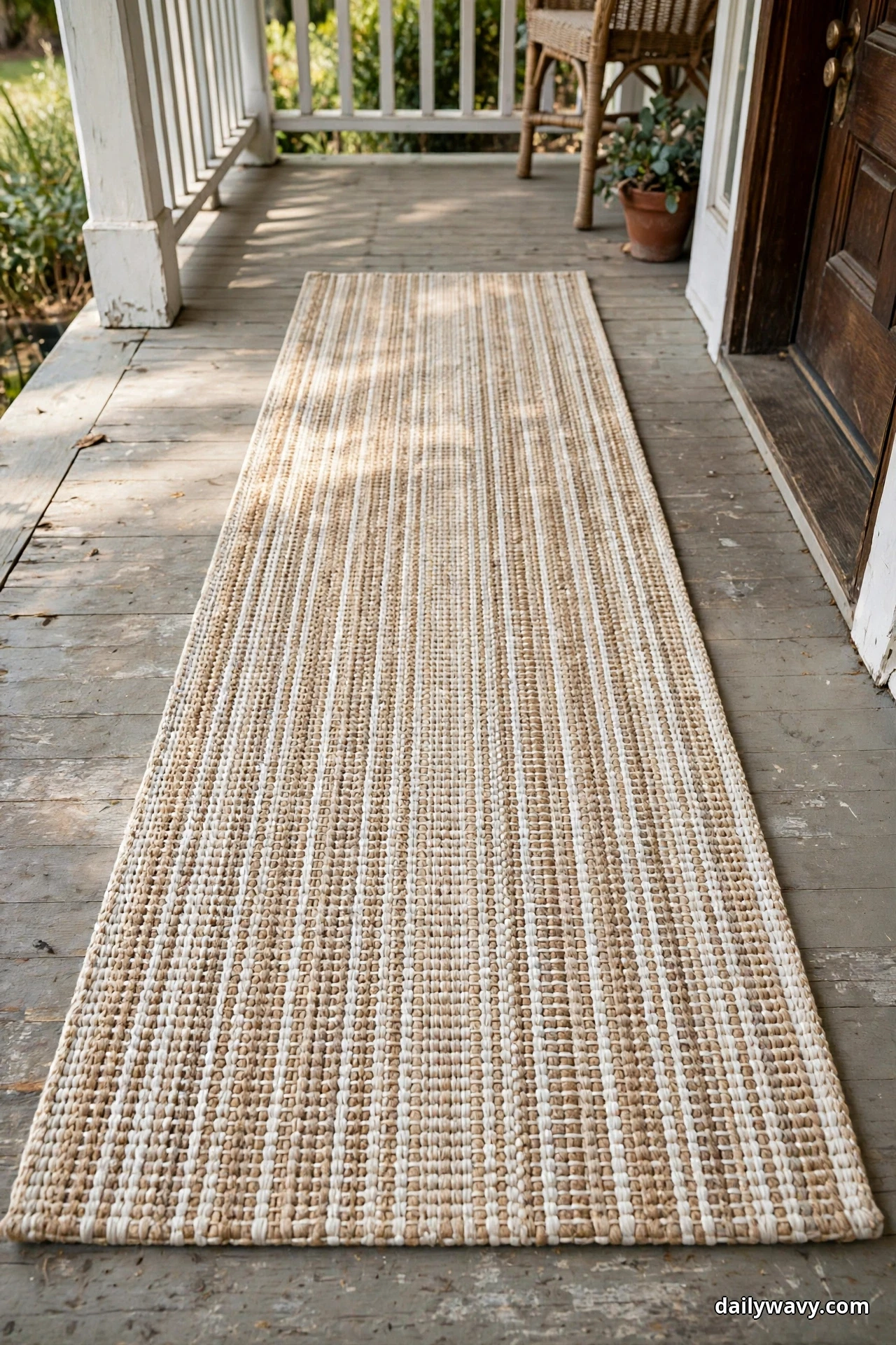 A long woven outdoor runner in beige and cream stripes lies flat along a weathered wood porch floor, leading toward a wicker chair and a terracotta pot beside a dark wood door