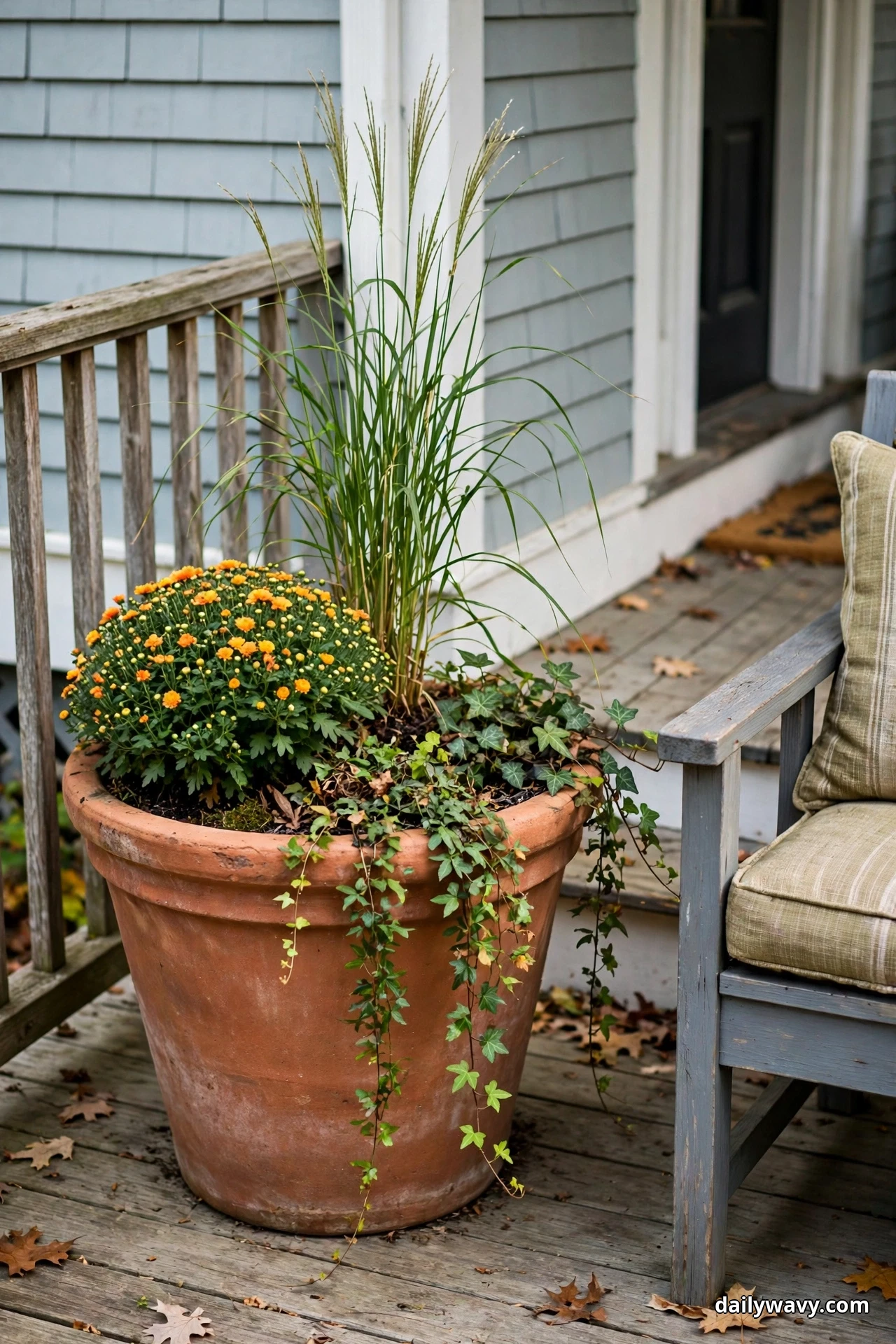 A large terracotta planter on a wood porch holds orange chrysanthemums, a tall ornamental grass and trailing ivy spilling over its rim, beside the arm of a gray wood chair with a striped cushion