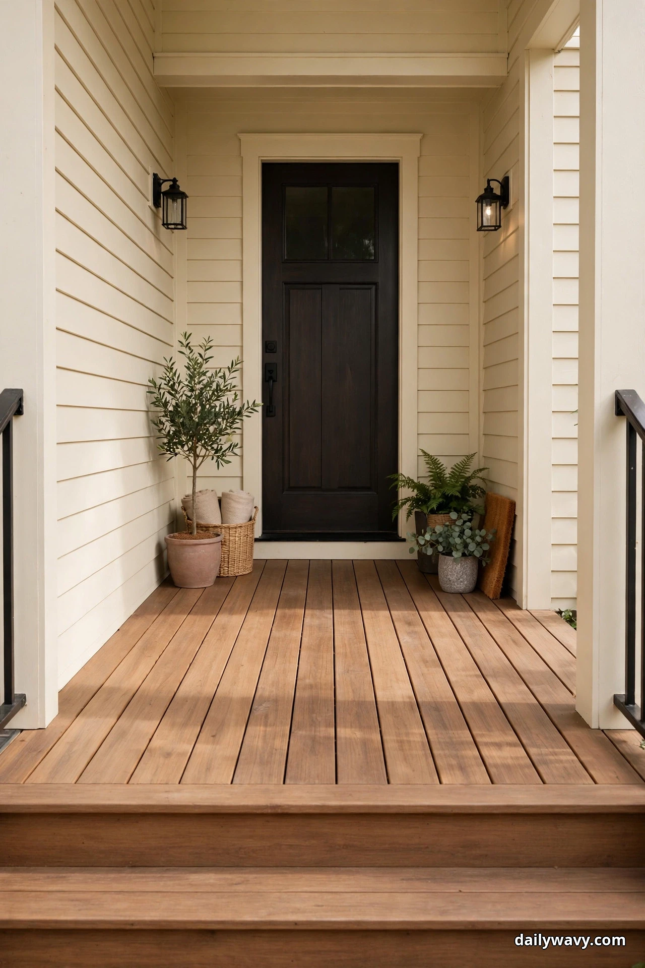 A dark wood front door opens onto a completely clear wood porch landing, with a potted olive tree, a woven basket of rolled blankets, a fern and a eucalyptus pot pushed to the sides and two black wall lanterns flanking the door