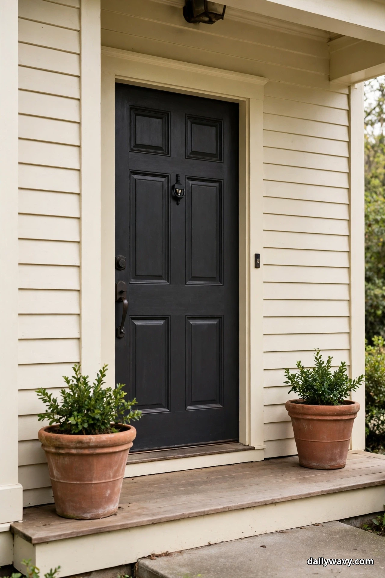 Two terracotta planters with compact green shrubs flank a black paneled front door on a narrow wood porch step, against cream siding