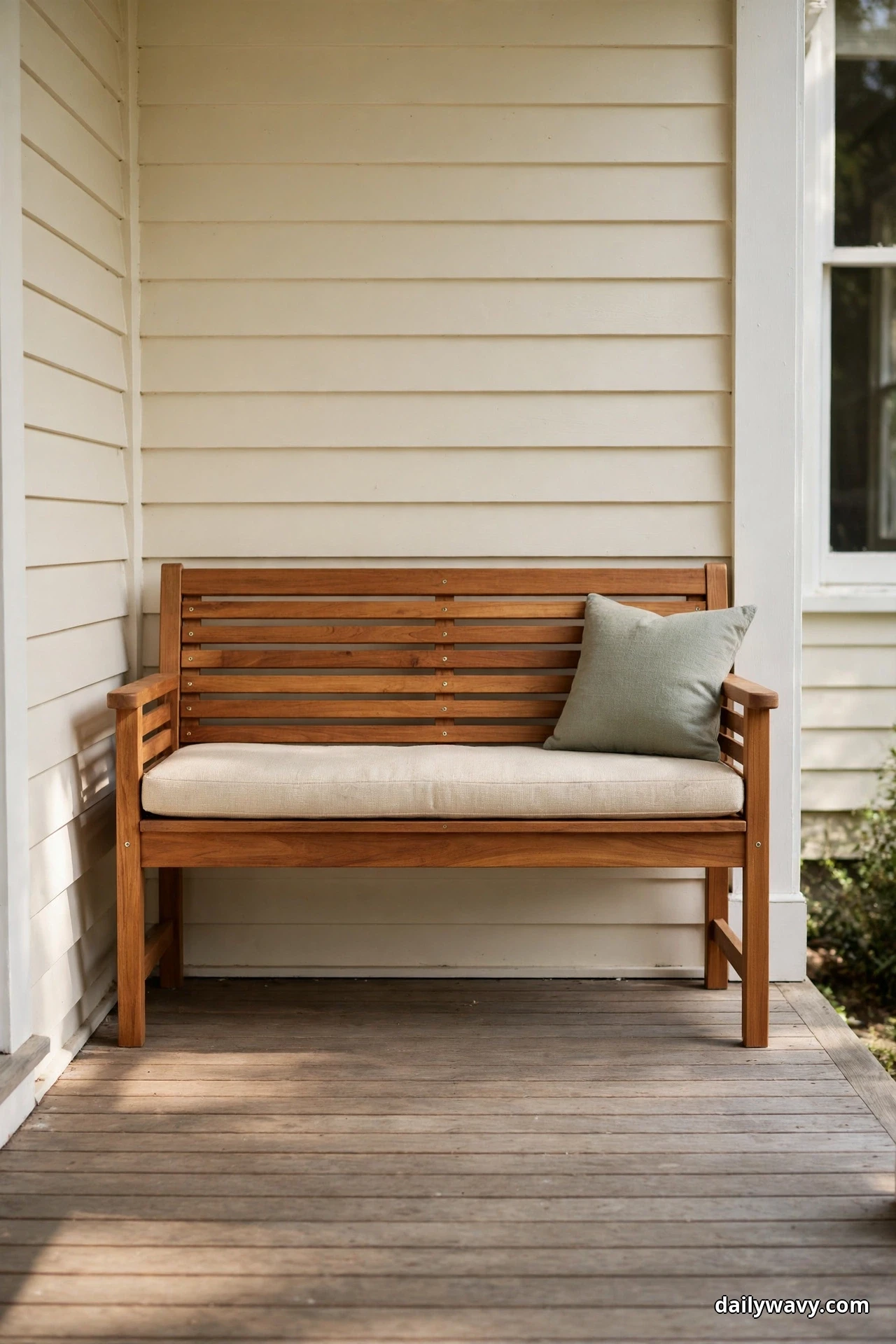 A slatted wood bench with a cream seat cushion and a sage green pillow rests against the cream siding wall of a wood porch, with clear floor space in front of it