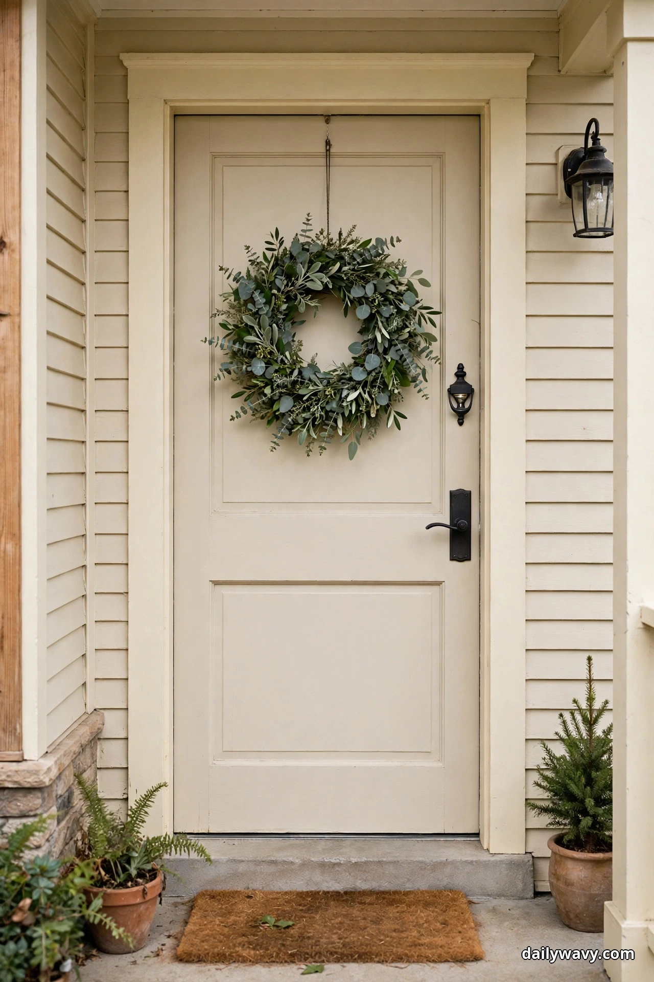 A full greenery wreath of eucalyptus and olive leaves hangs at eye level on a cream front door with black hardware, flanked by a black wall lantern, a coir doormat and small potted plants
