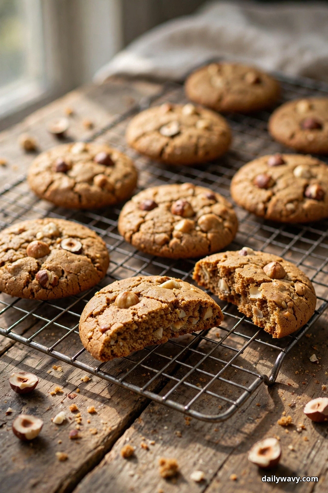 Ginger cookies with hazelnut pieces sit on a wire cooling rack over a wooden table, one broken open to show chopped hazelnuts in the soft center, with loose hazelnuts scattered beside the rack
