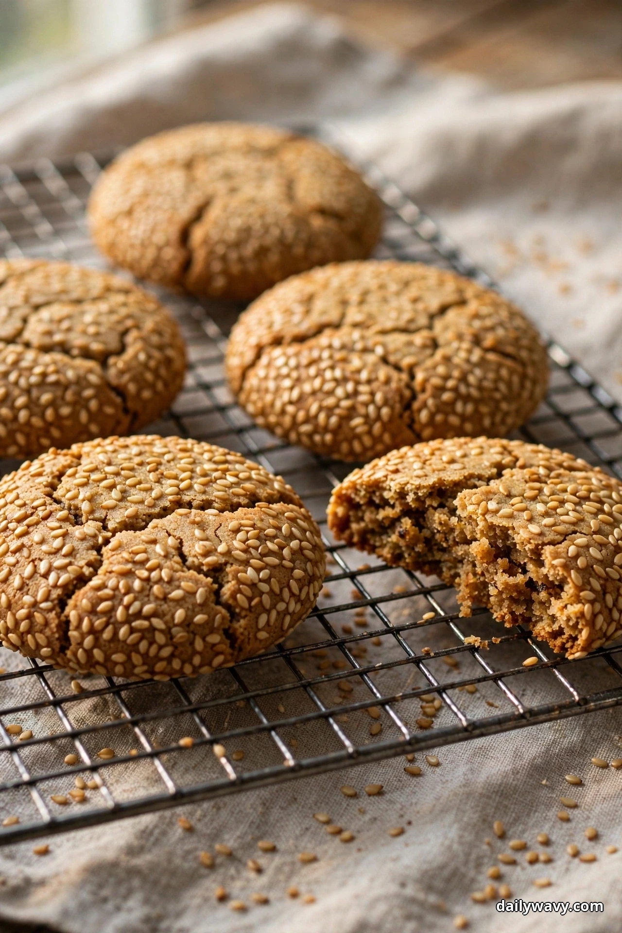 Sesame-coated ginger cookies with crackled tops cool on a wire rack, one broken open to show the soft spiced center