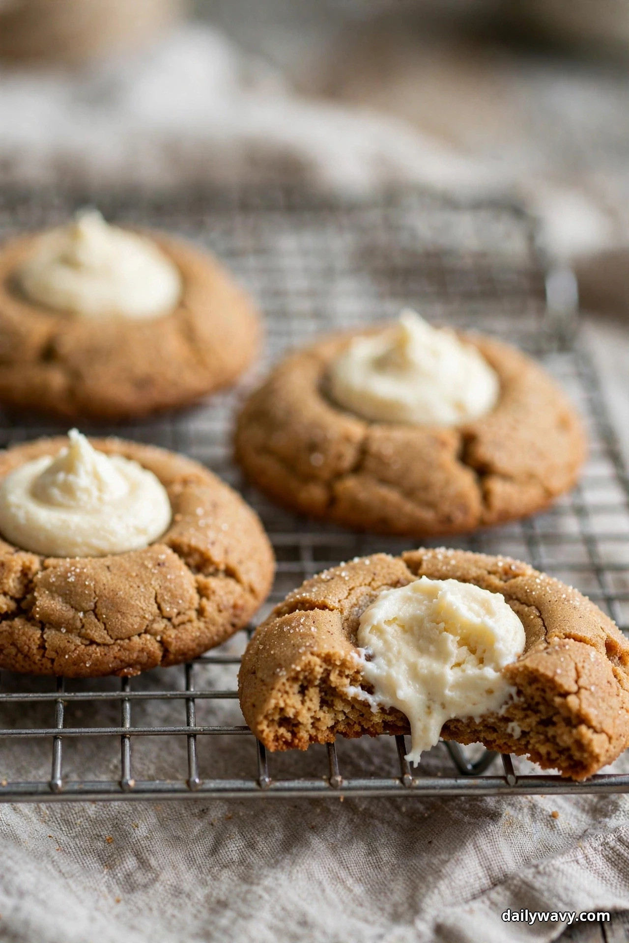 Ginger thumbprint cookies filled with cream-cheese frosting cool on a wire rack, one broken open to show the creamy center