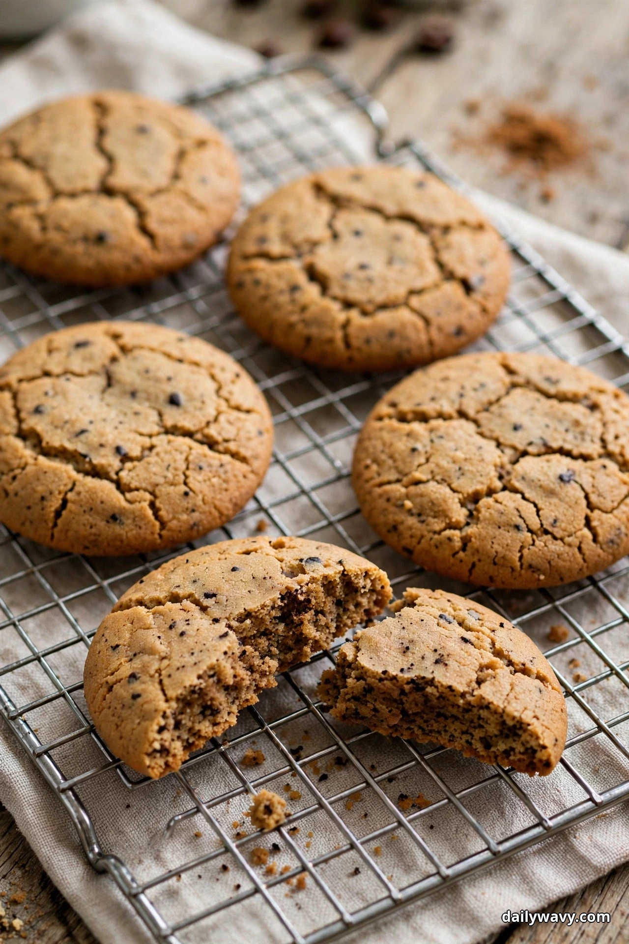 Dark-speckled espresso ginger cookies with crackled tops cool on a wire rack, one broken in half to show the dark spiced crumb