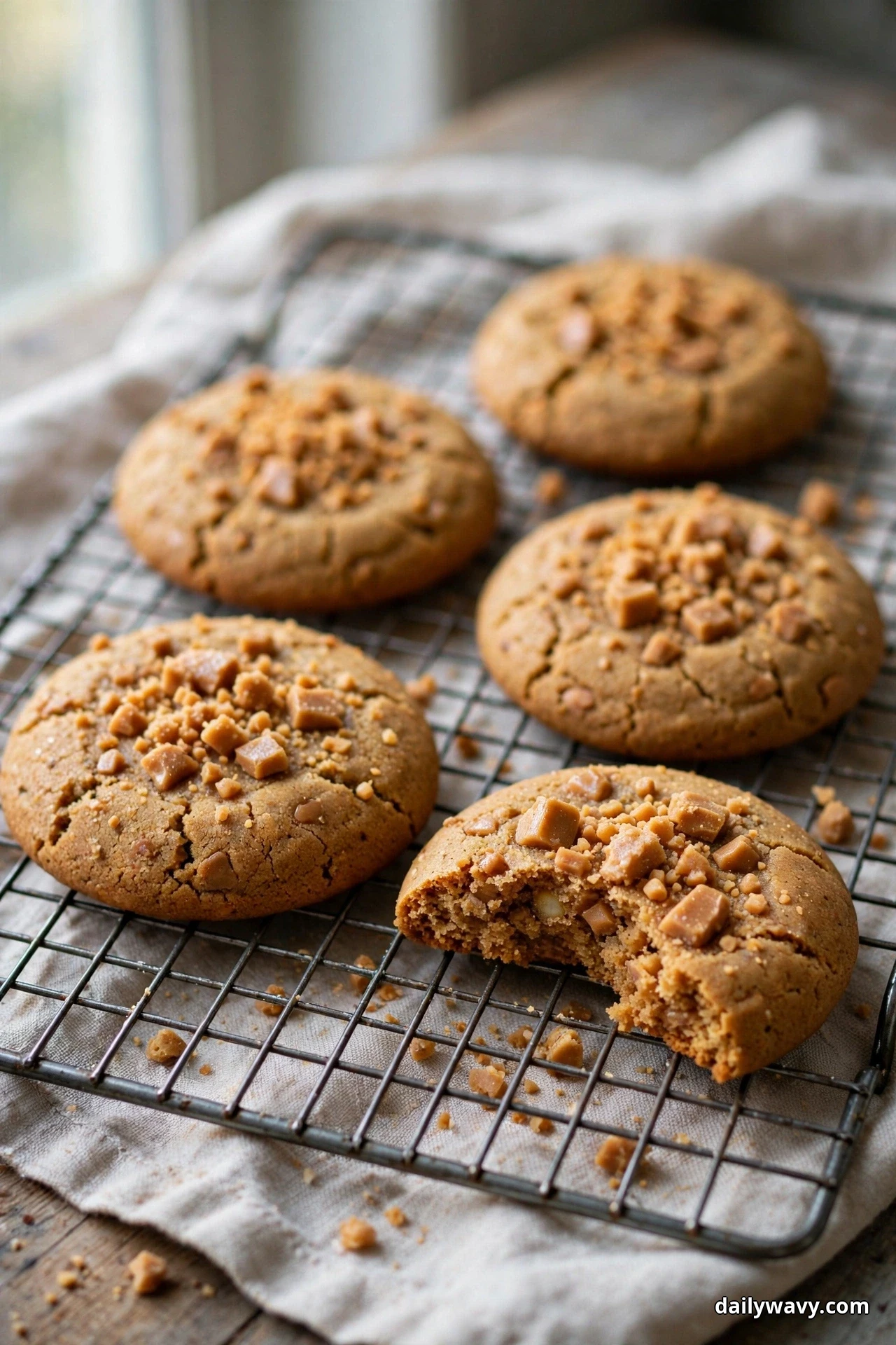 Ginger cookies topped with toffee crumbs cool on a wire rack, one broken open to show toffee pieces in the soft center