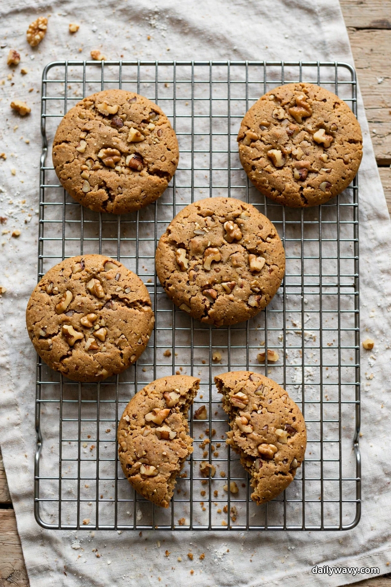 Ginger cookies studded with chopped walnut pieces cool on a wire rack seen from above, with one cookie broken in two at the front
