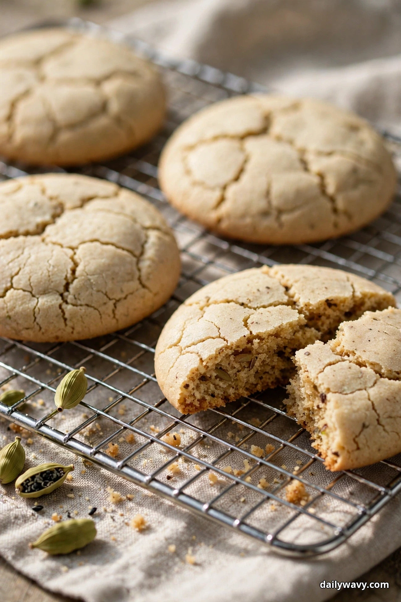Pale crackled ginger cookies cool on a wire rack, one broken open to show the soft center
