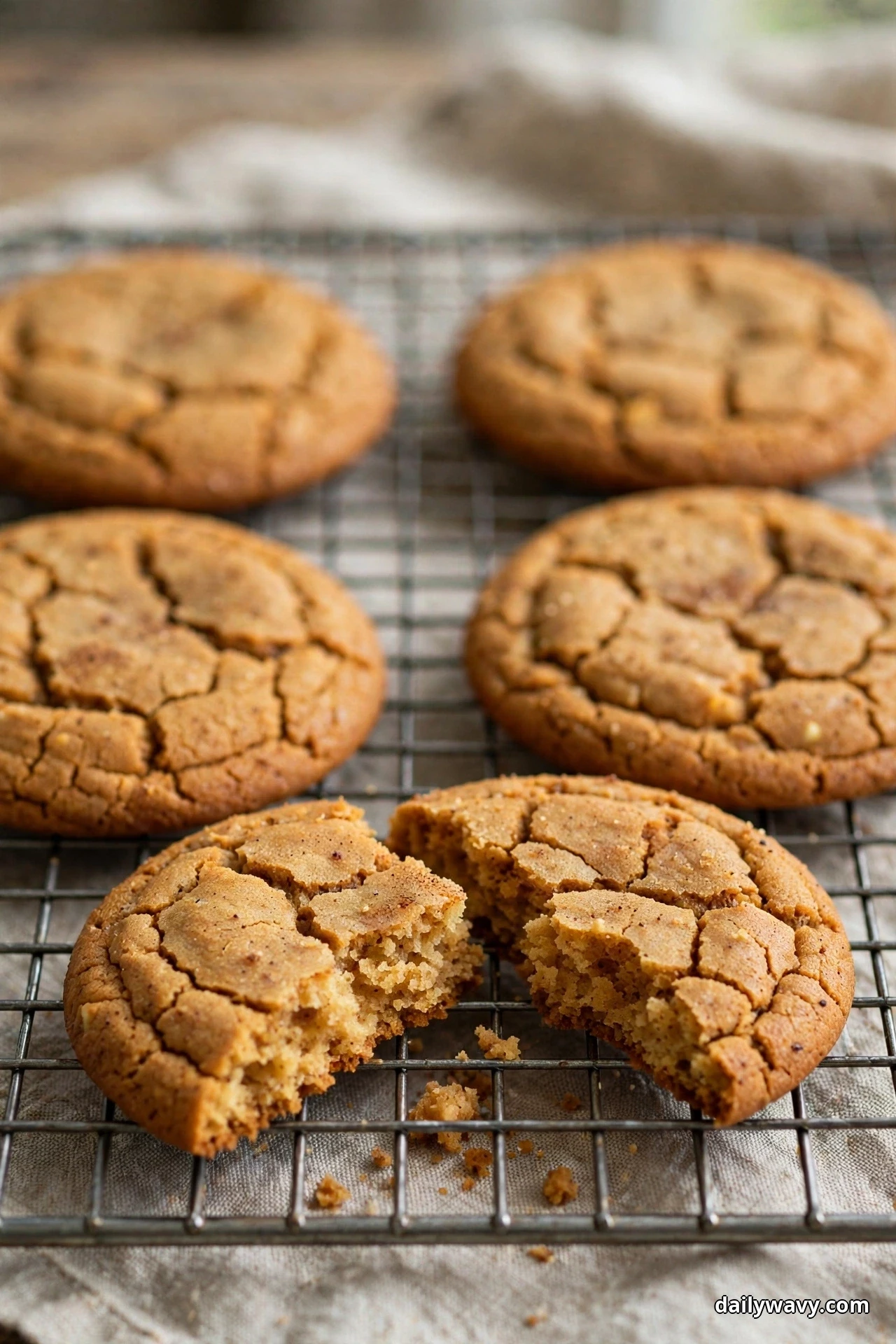 Deep golden crackled ginger cookies cool on a wire rack, one broken in half showing the soft chewy center