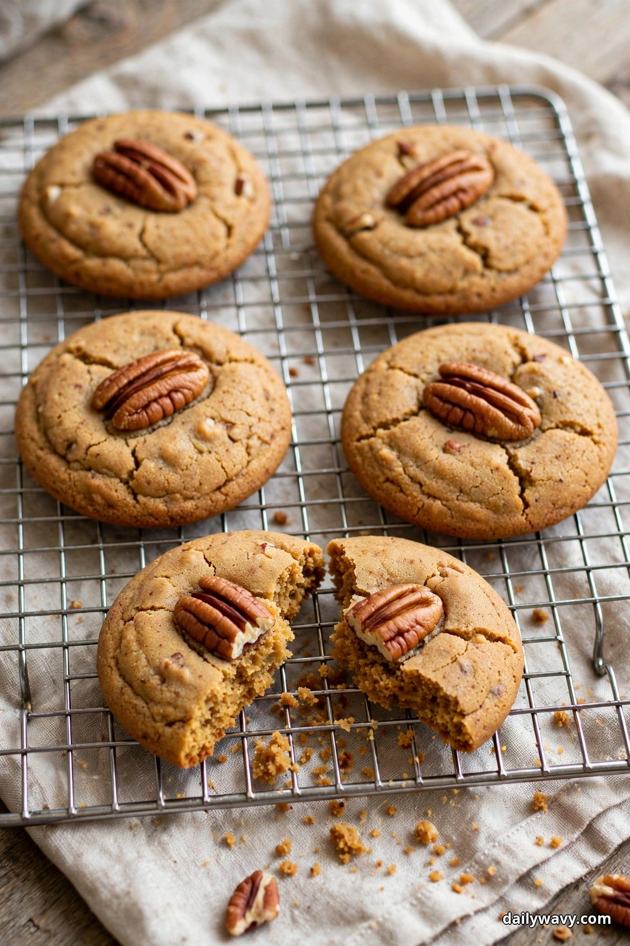 Ginger cookies each topped with a whole pecan half cool on a wire rack, one broken in two with its pecan still on top