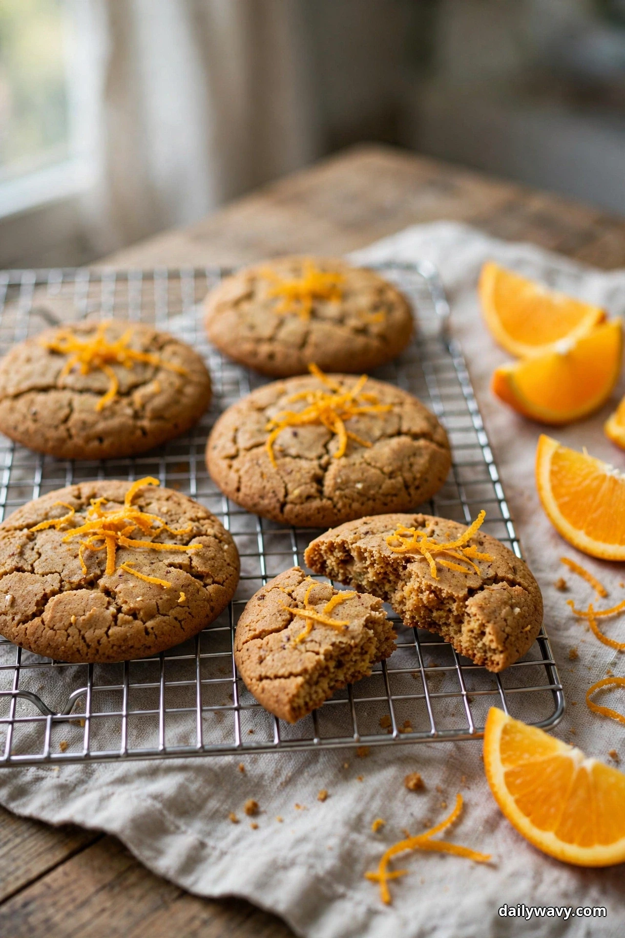 Ginger cookies topped with orange zest strands cool on a wire rack, one broken open to show the soft center