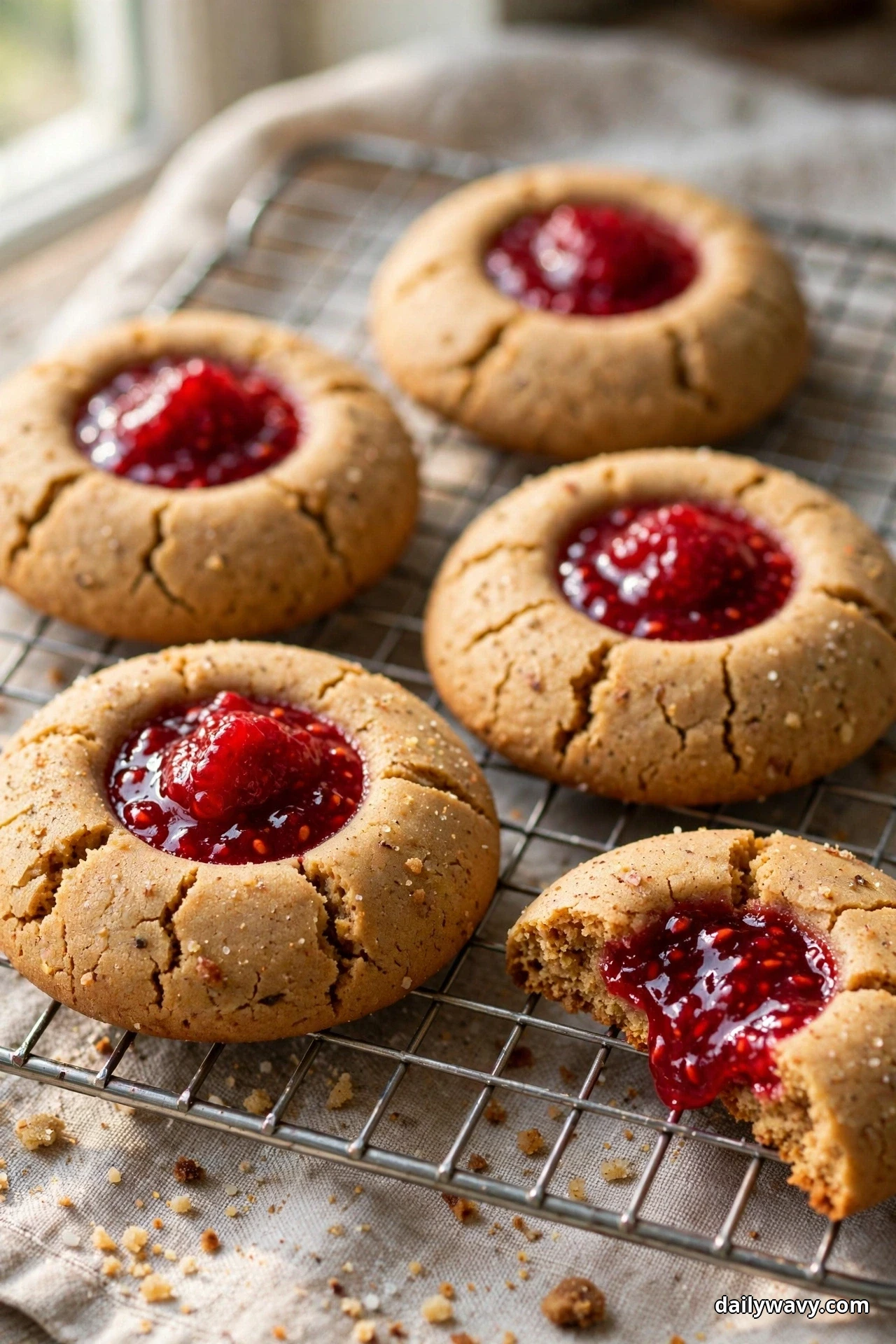 Ginger thumbprint cookies filled with glossy red raspberry jam cool on a wire rack, one broken open showing the jam center