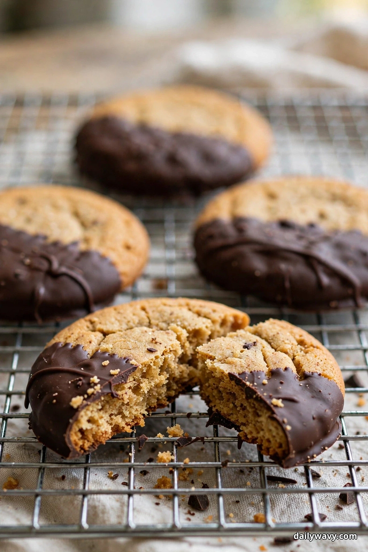 Ginger cookies half-dipped in dark chocolate cool on a wire rack, one broken open to show the chewy center and chocolate shell