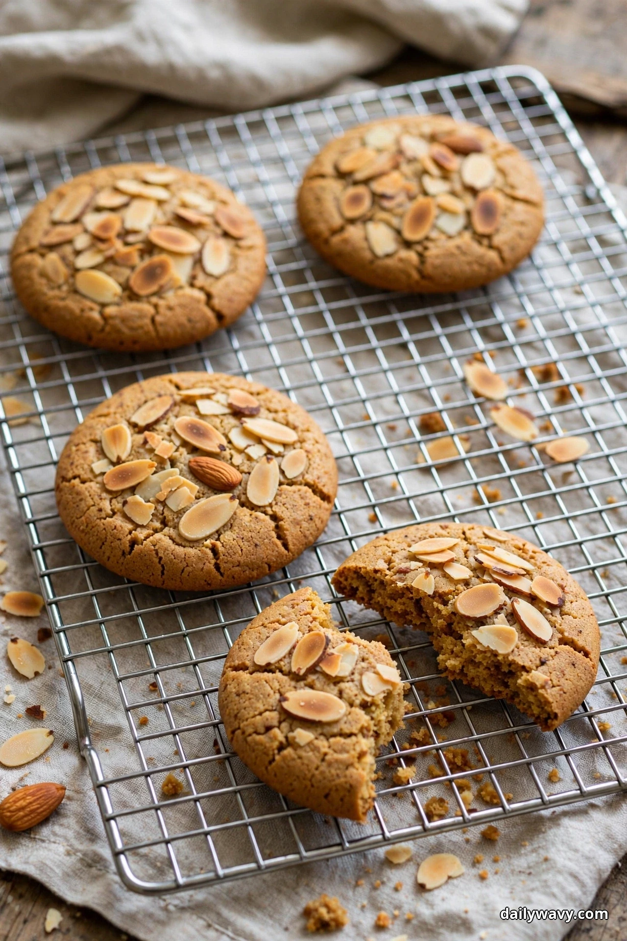 Ginger cookies topped with toasted sliced almonds cool on a wire rack, one broken open to show the soft center