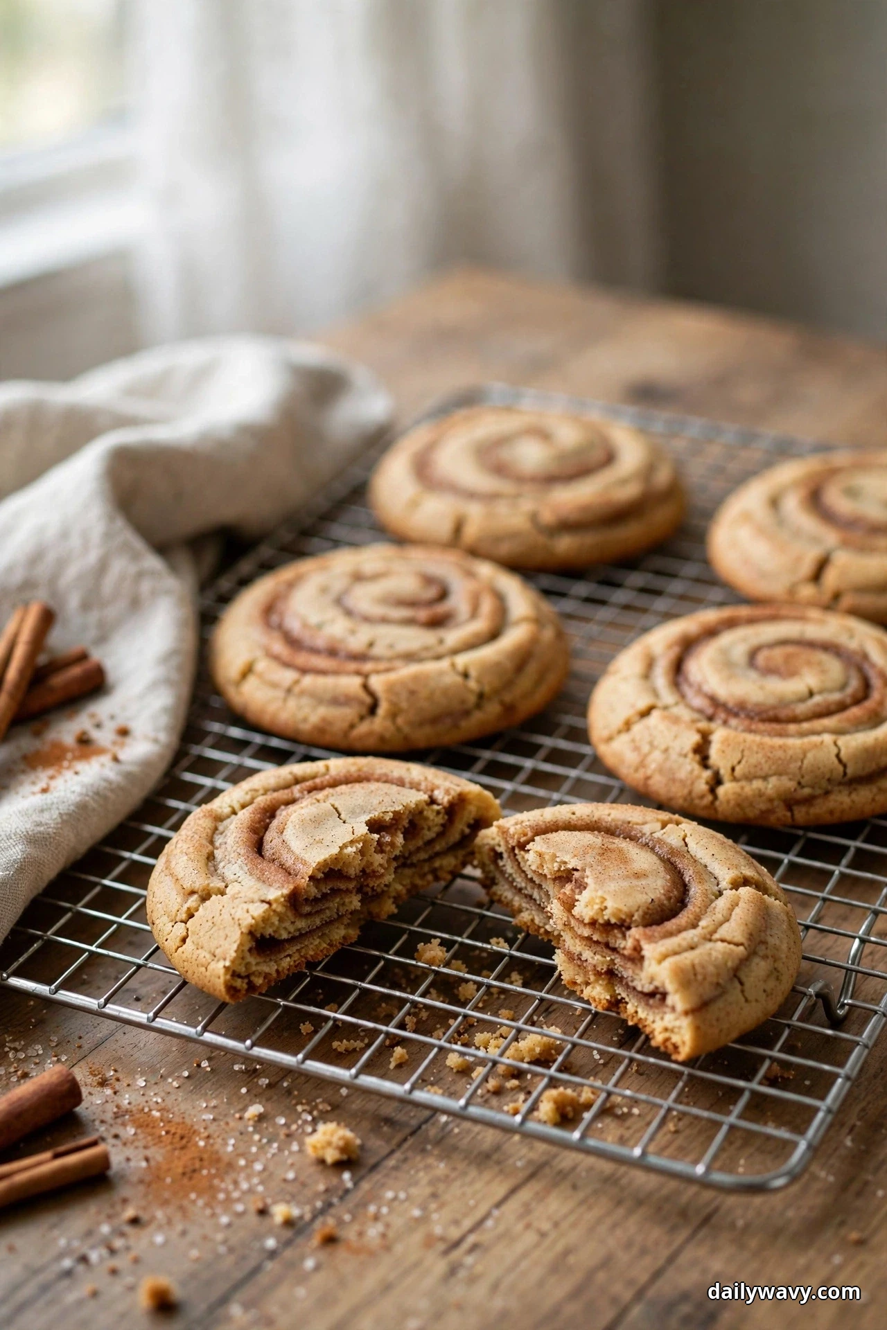 Ginger cookies with a cinnamon swirl spiraled across their tops cool on a wire rack, one broken open showing the swirl inside