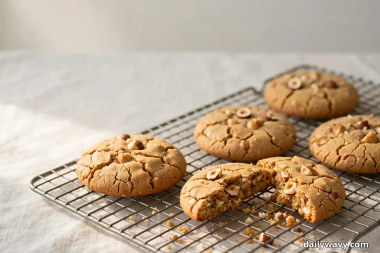 Crackled ginger cookies studded with hazelnut pieces cool on a wire rack over pale linen, with one cookie broken open in front showing the soft center and chopped hazelnuts inside