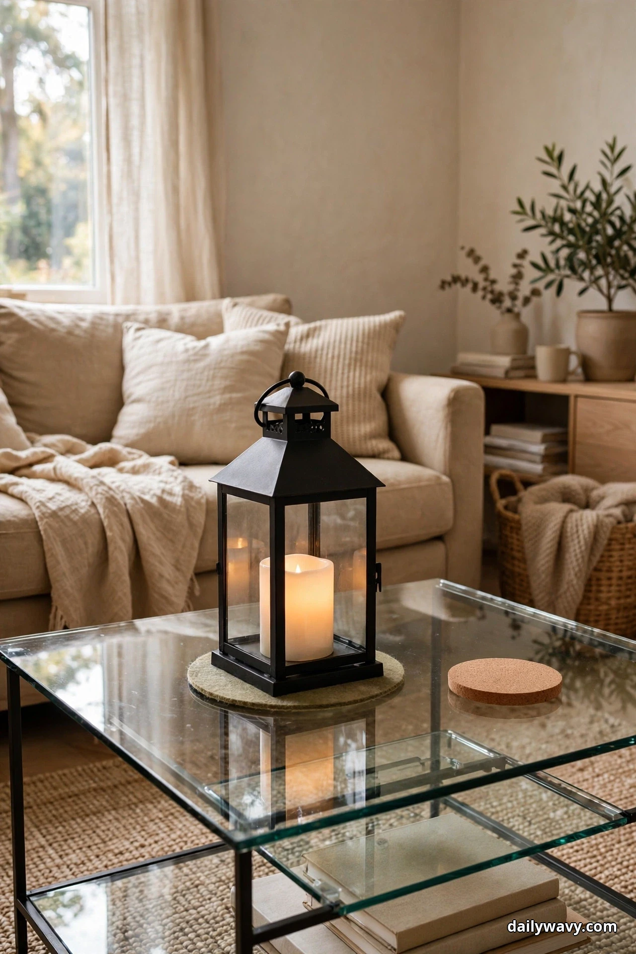 A closer view shows a black lantern holding a lit pillar candle on a round felt pad atop a glass coffee table, with a cork coaster resting beside it