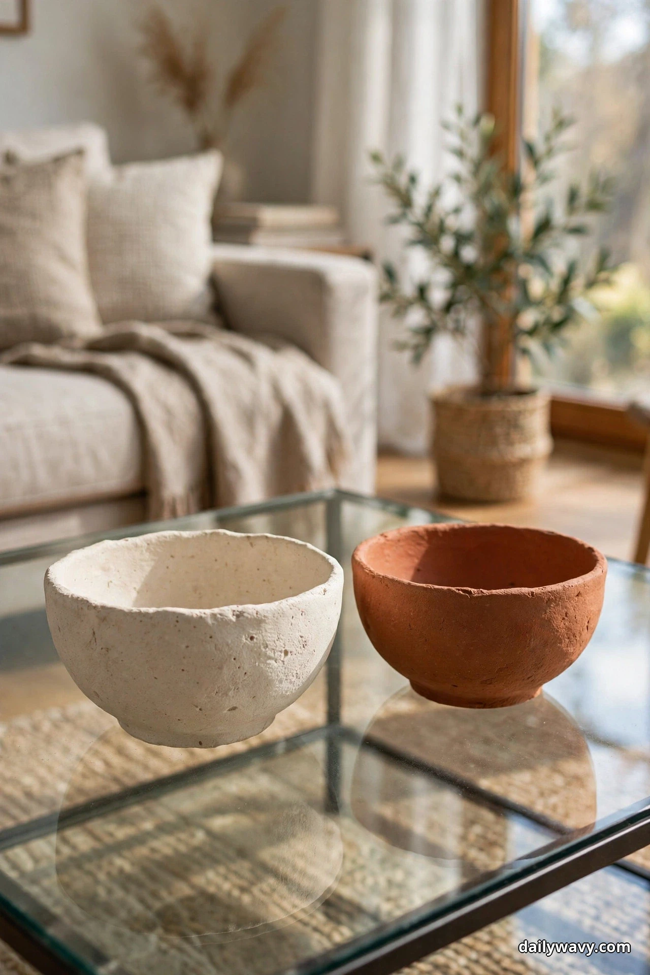 Two mismatched bowls, one cream stoneware and one terracotta, sit side by side on a glass coffee table