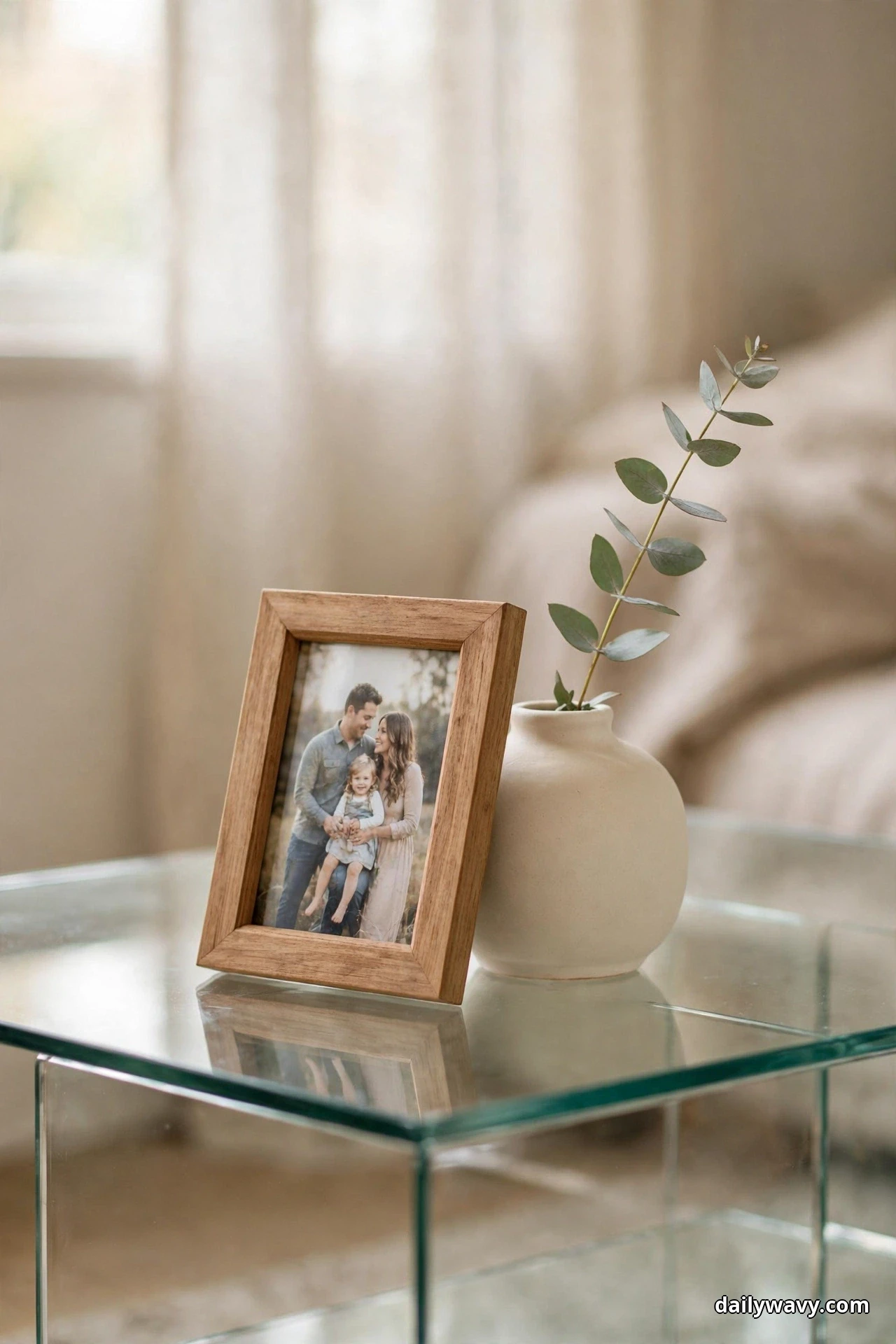 A wood-framed family photograph leans against a round cream vase holding a single eucalyptus stem on a glass coffee table