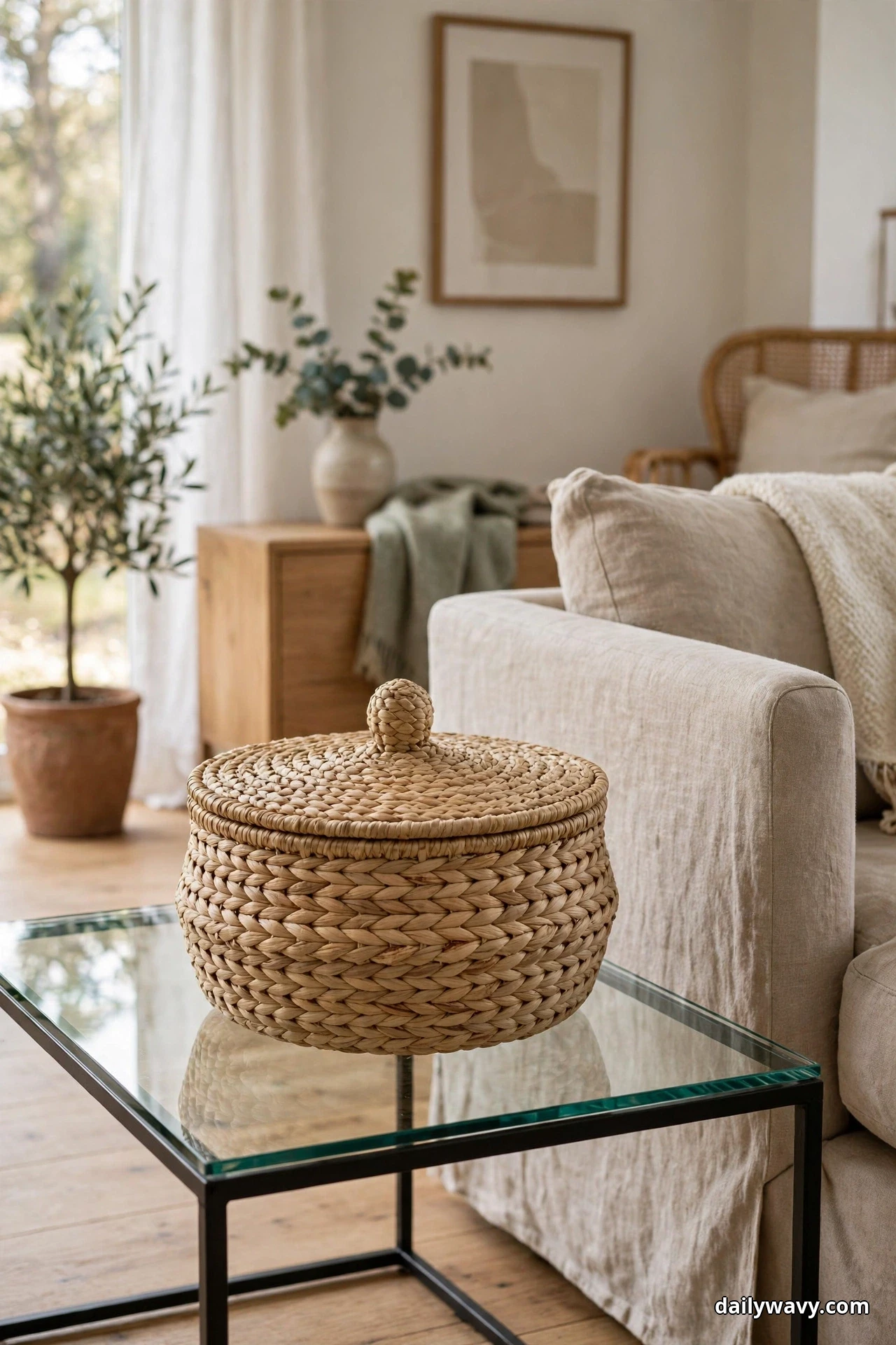 A round woven basket with a fitted lid sits on a glass coffee table beside the arm of a cream linen sofa