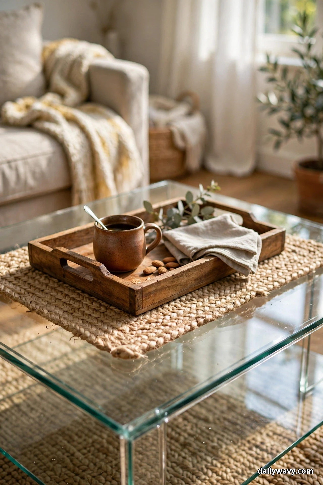 A wooden tray rests centered on a woven jute mat atop a glass coffee table