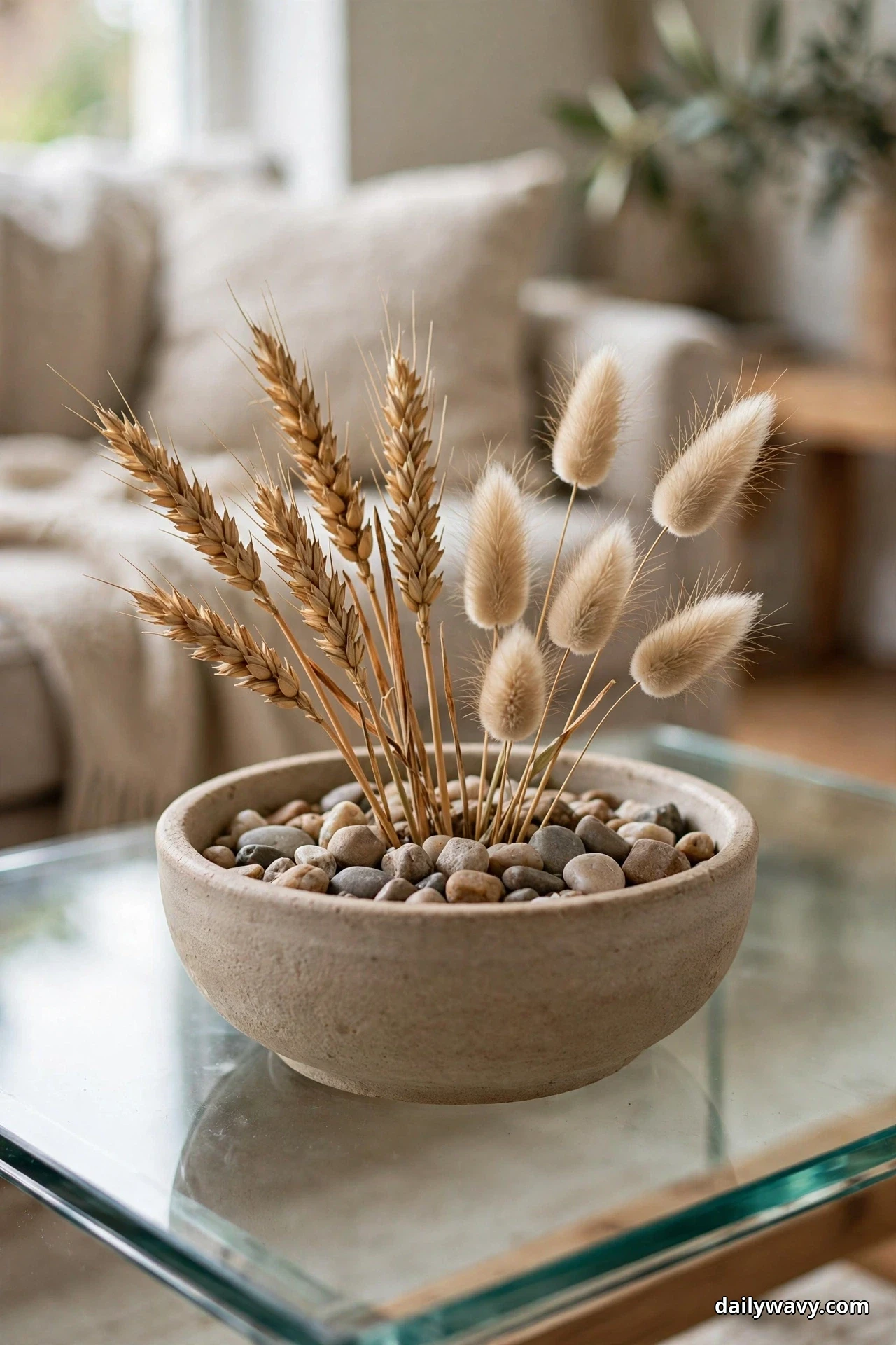 A low stoneware bowl filled with pebbles holds dried wheat stalks and bunny tails on a glass coffee table